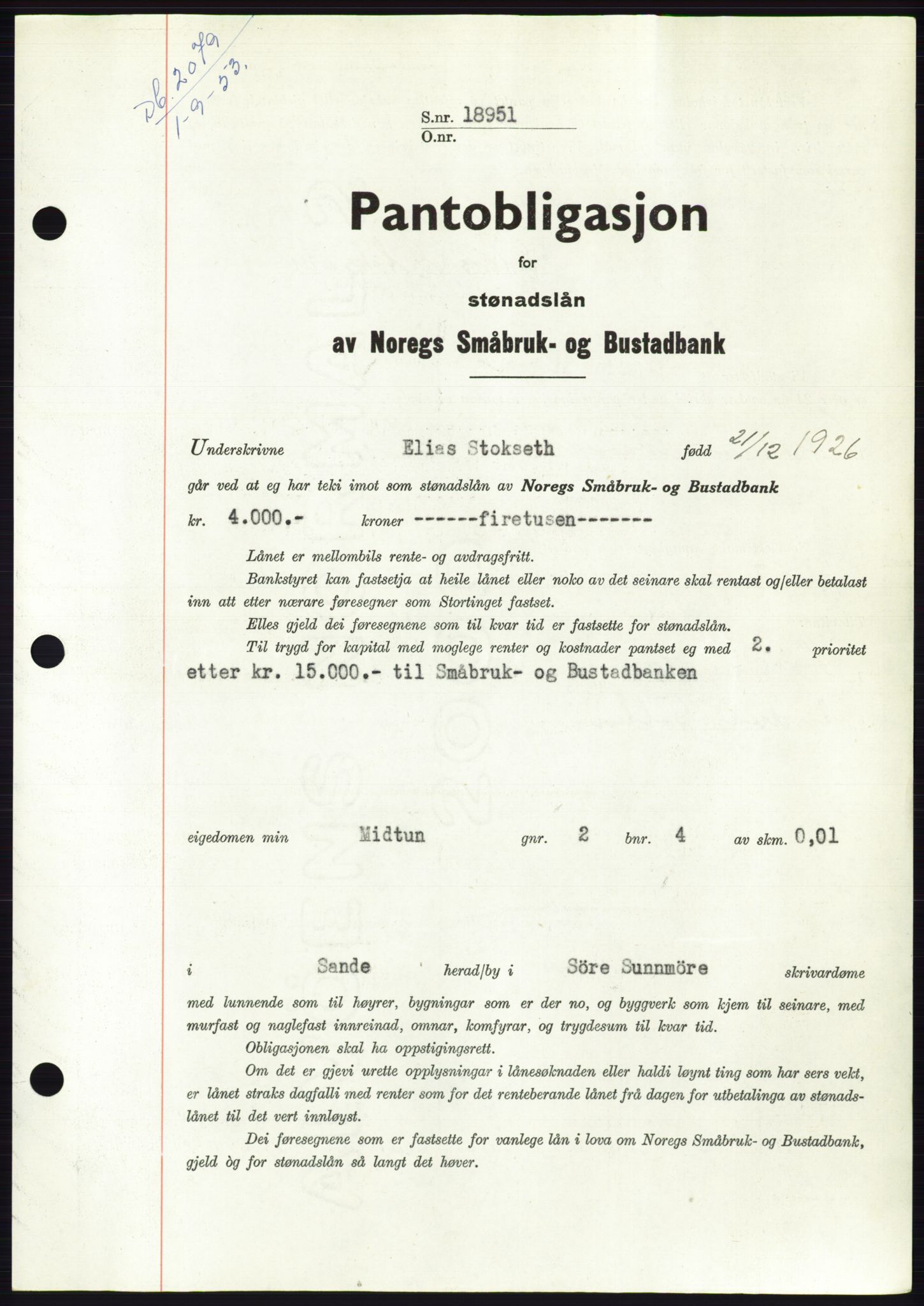 Søre Sunnmøre sorenskriveri, SAT/A-4122/1/2/2C/L0123: Mortgage book no. 11B, 1953-1953, Diary no: : 2079/1953