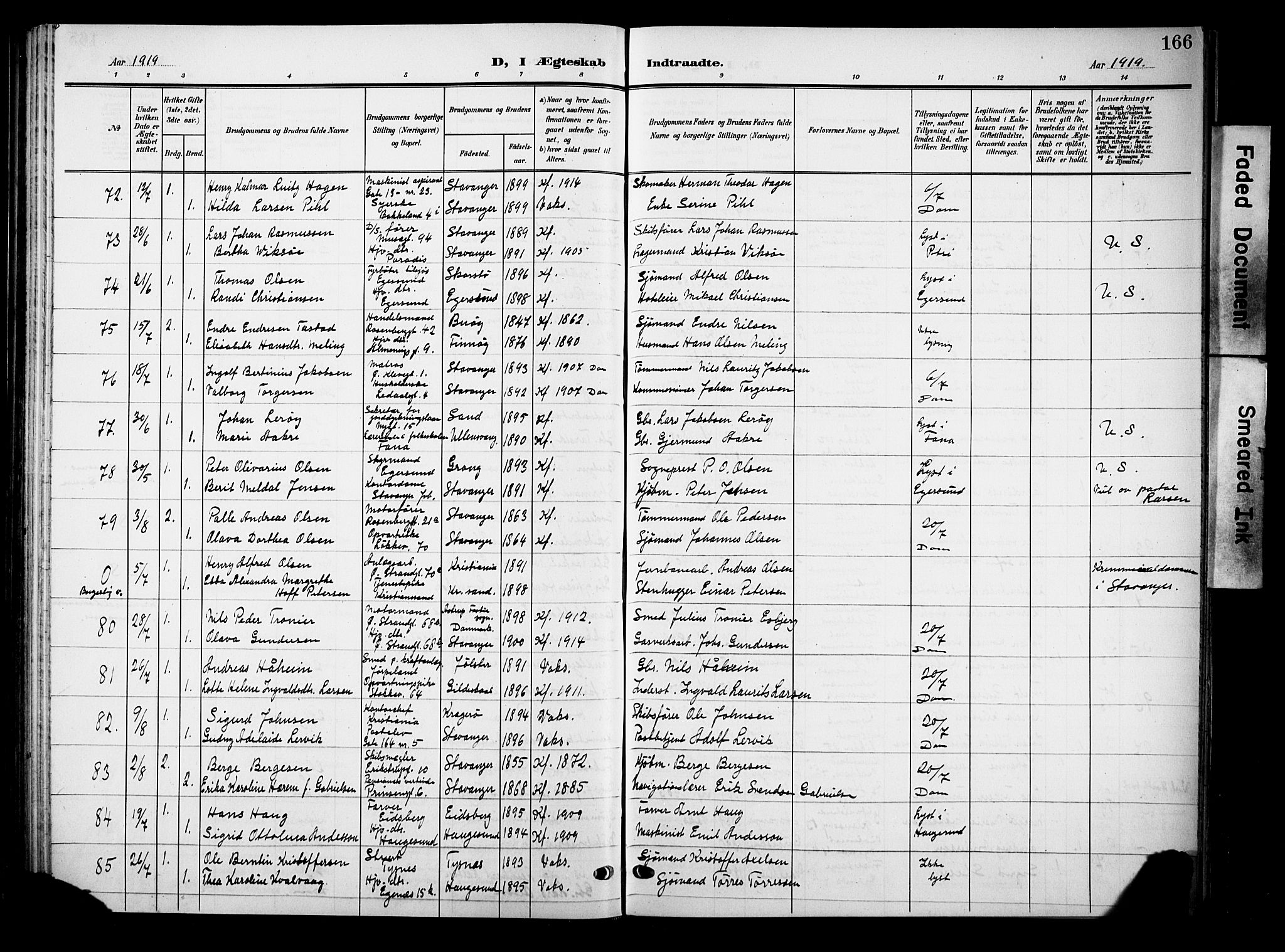 Domkirken sokneprestkontor, AV/SAST-A-101812/001/30/30BB/L0017: Parish register (copy) no. B 17, 1902-1921, p. 166