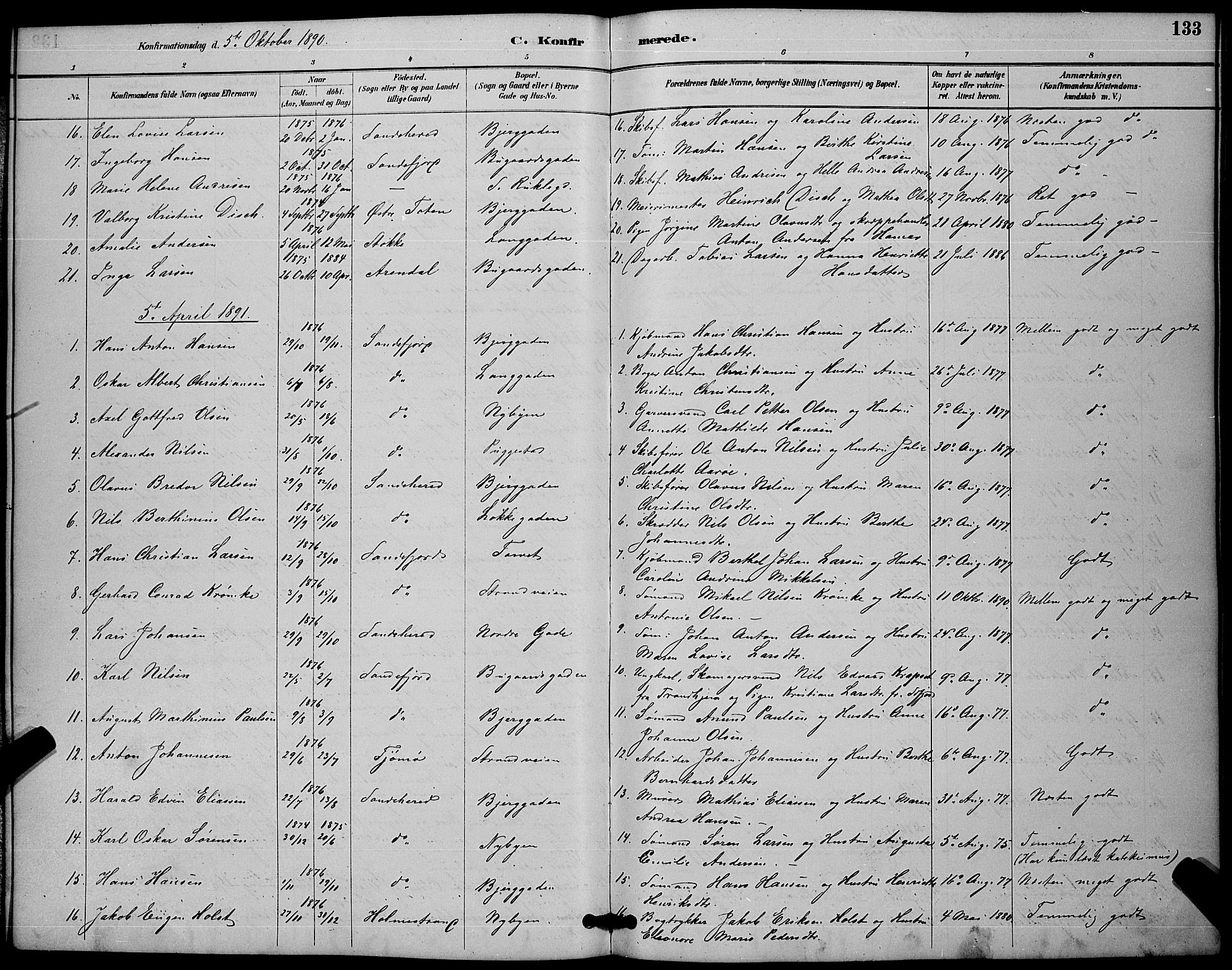 Sandefjord kirkebøker, AV/SAKO-A-315/G/Ga/L0001: Parish register (copy) no. 1, 1885-1903, p. 133