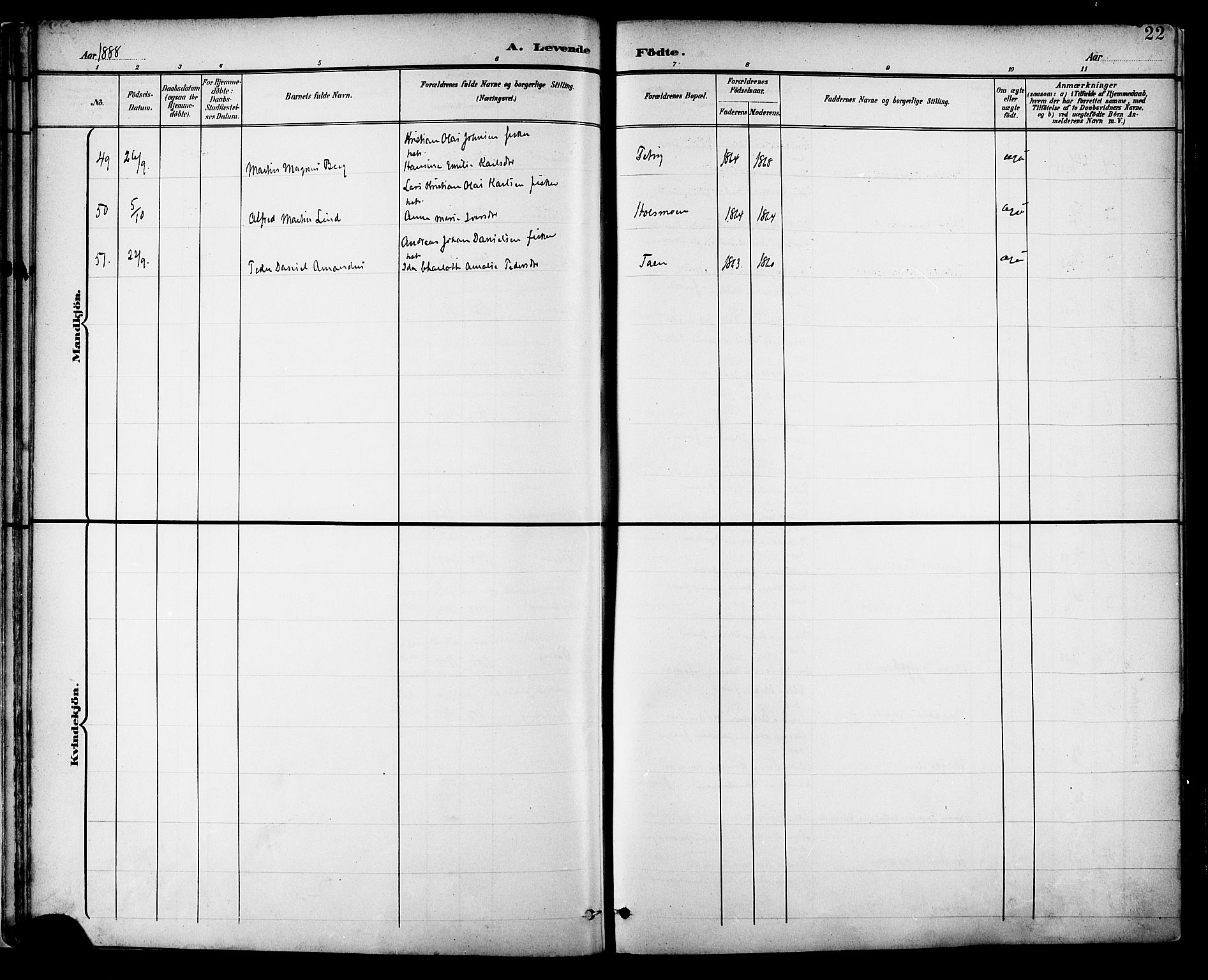 Ministerialprotokoller, klokkerbøker og fødselsregistre - Nordland, AV/SAT-A-1459/882/L1179: Parish register (official) no. 882A01, 1886-1898, p. 22