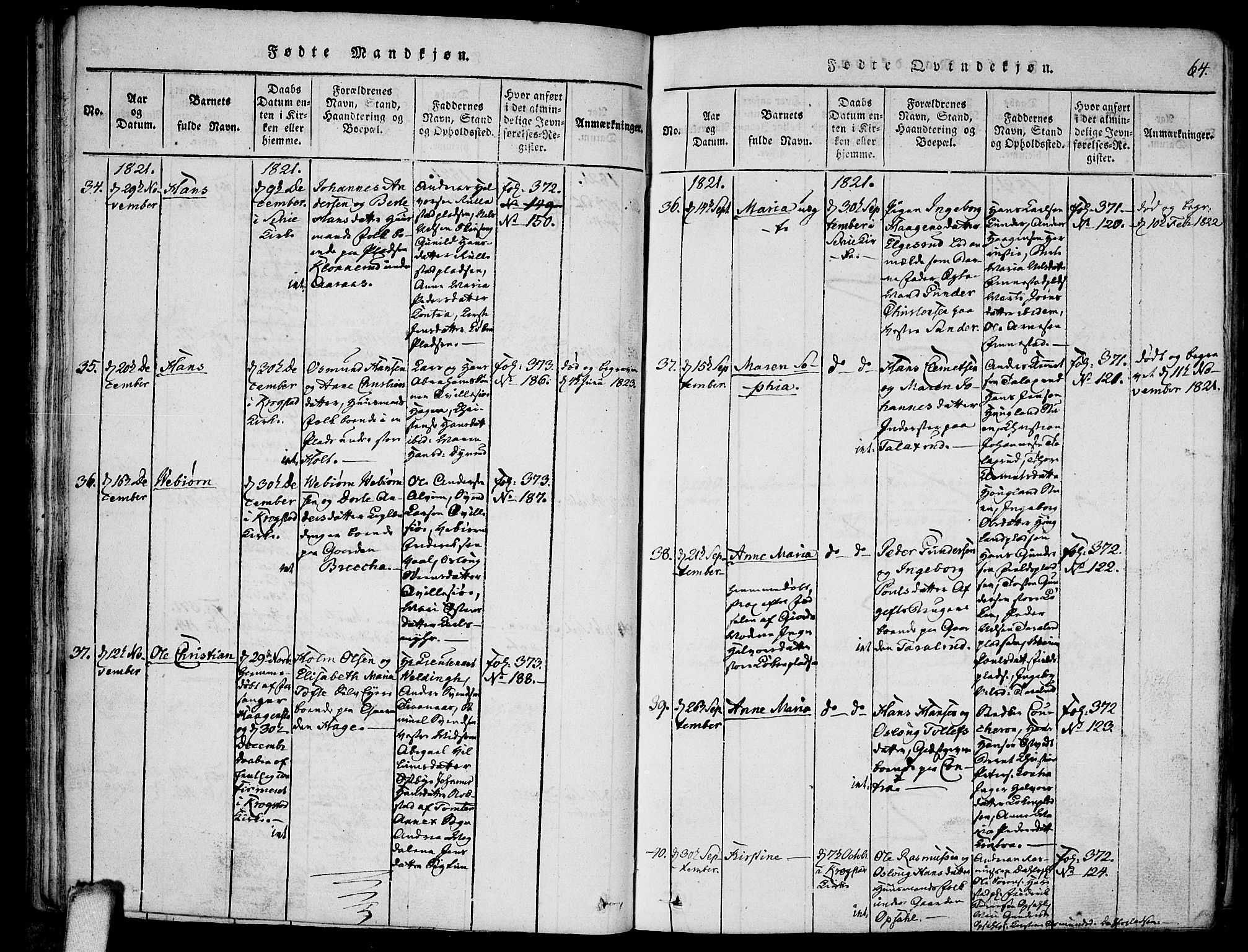 Kråkstad prestekontor Kirkebøker, SAO/A-10125a/F/Fa/L0003: Parish register (official) no. I 3, 1813-1824, p. 64