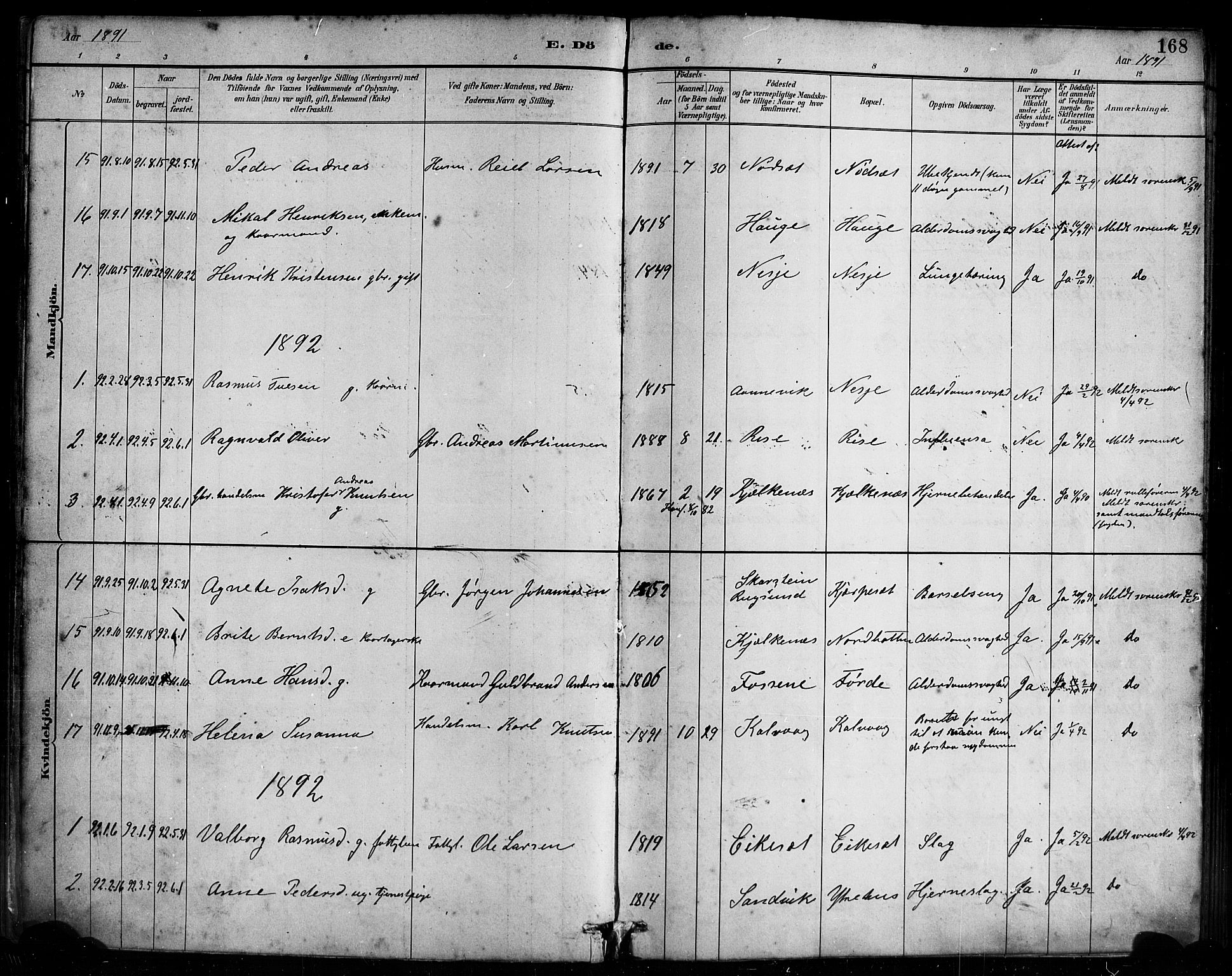 Bremanger sokneprestembete, SAB/A-82201/H/Haa/Haab/L0001: Parish register (official) no. B 1, 1884-1895, p. 168