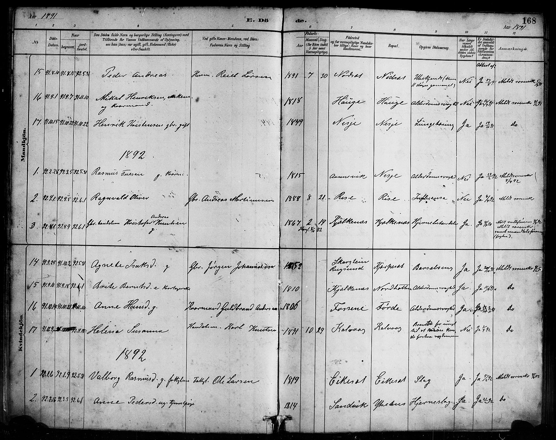 Bremanger sokneprestembete, AV/SAB-A-82201/H/Haa/Haab/L0001: Parish register (official) no. B 1, 1884-1895, p. 168