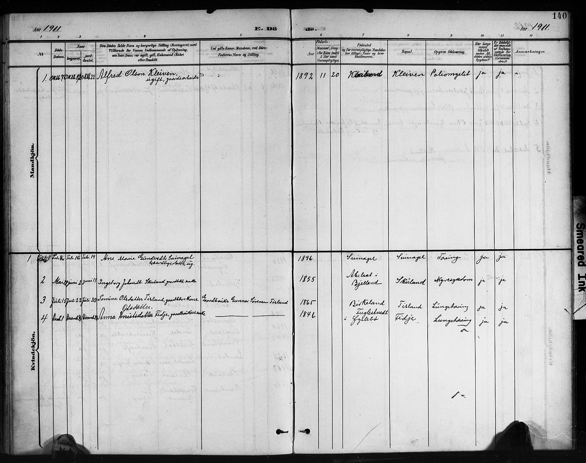 Holum sokneprestkontor, AV/SAK-1111-0022/F/Fb/Fbb/L0004: Parish register (copy) no. B 4, 1899-1920, p. 140