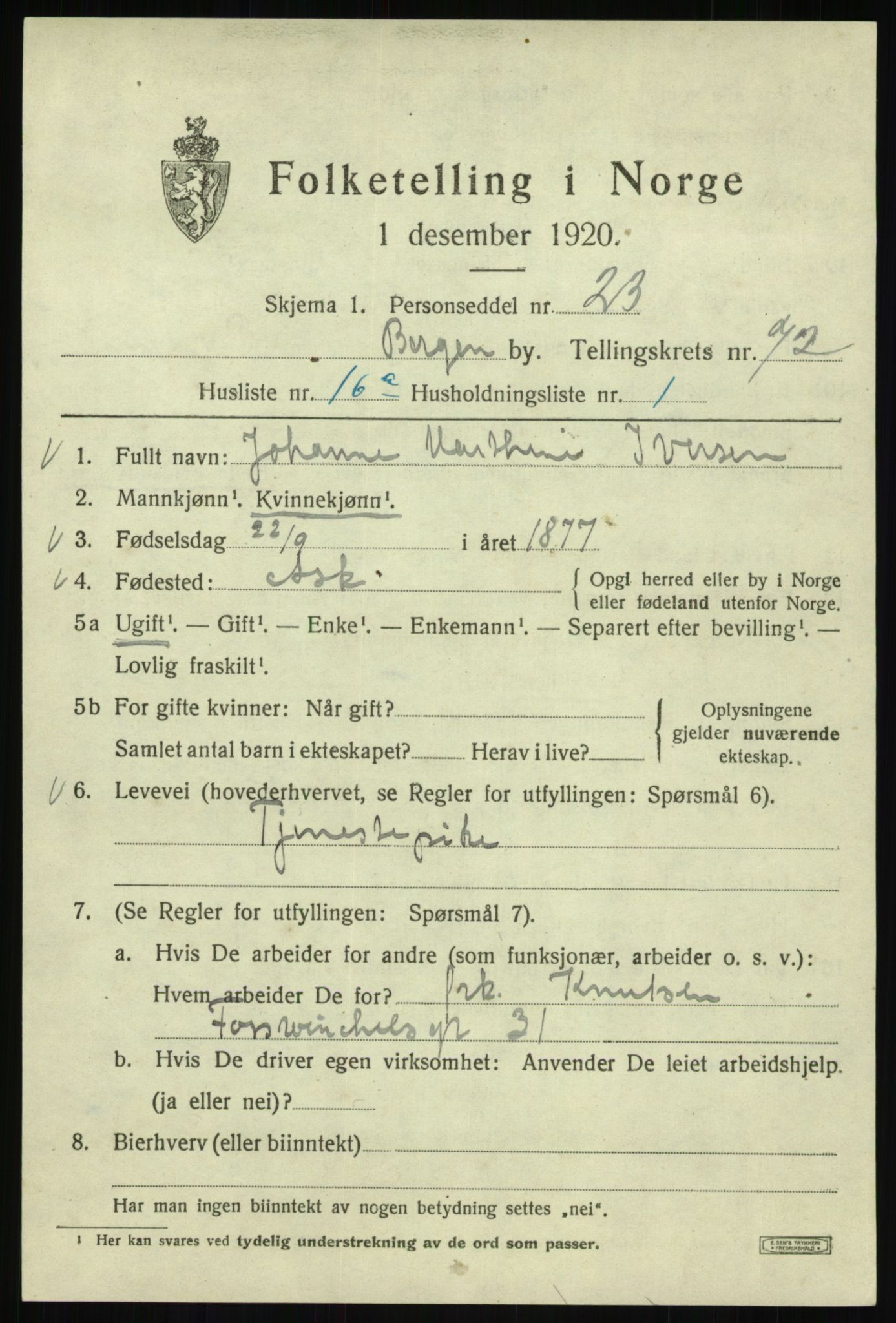 SAB, 1920 census for Bergen, 1920, p. 142380