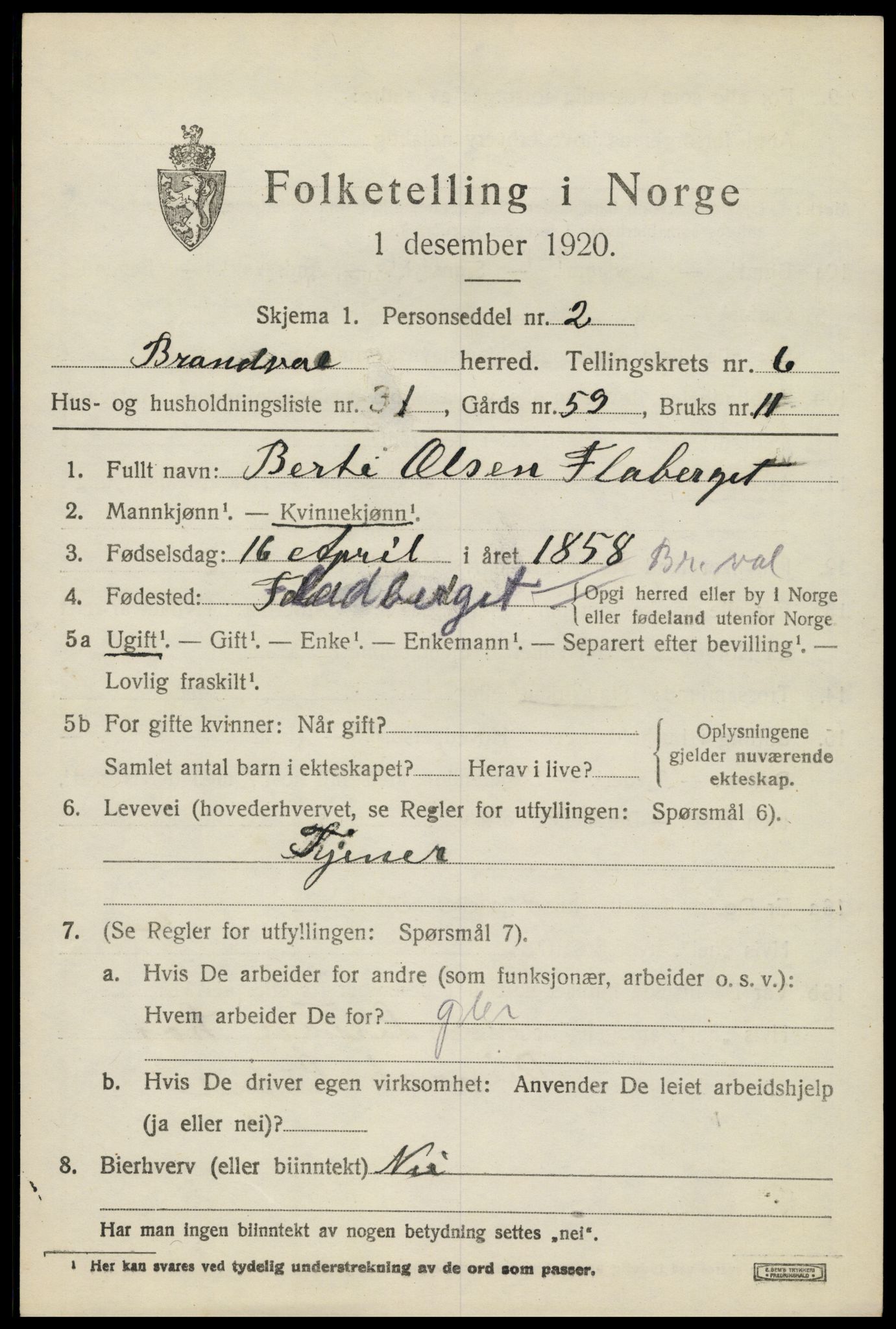 SAH, 1920 census for Brandval, 1920, p. 5254