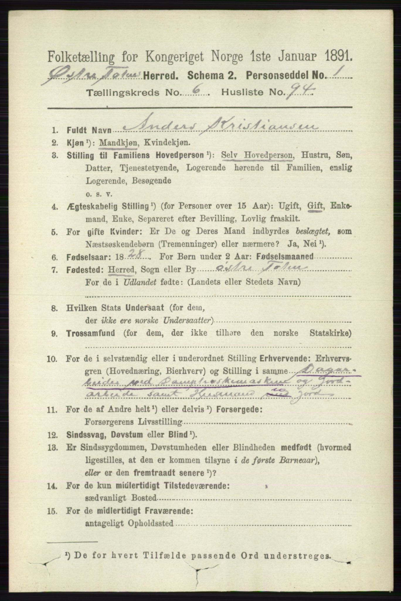 RA, 1891 census for 0528 Østre Toten, 1891, p. 4330