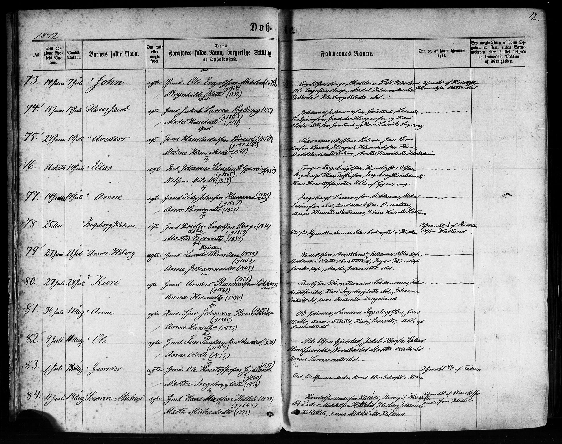 Tysnes sokneprestembete, AV/SAB-A-78601/H/Haa: Parish register (official) no. A 12, 1872-1886, p. 12