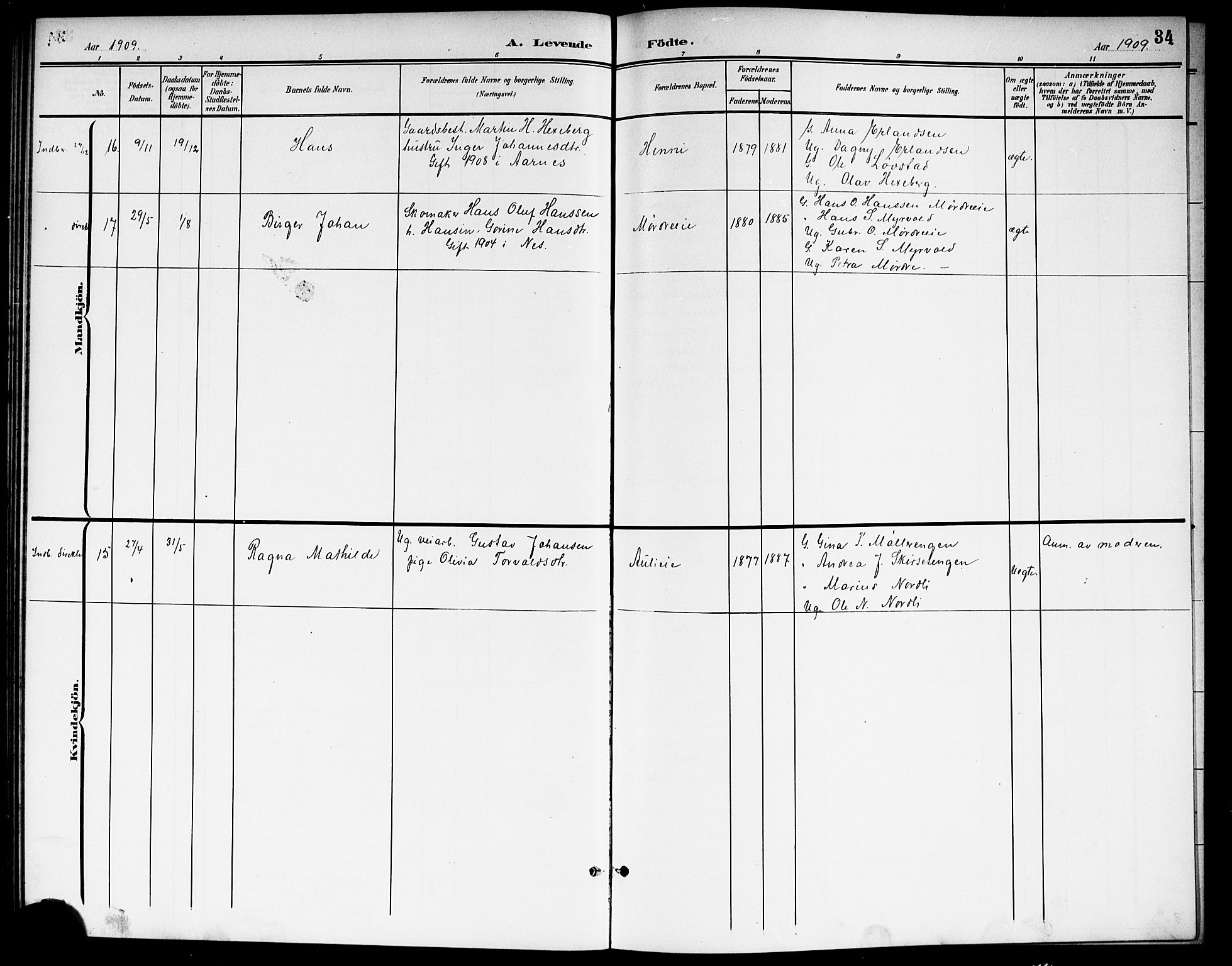 Nes prestekontor Kirkebøker, SAO/A-10410/G/Gb/L0001: Parish register (copy) no. II 1, 1901-1917, p. 34