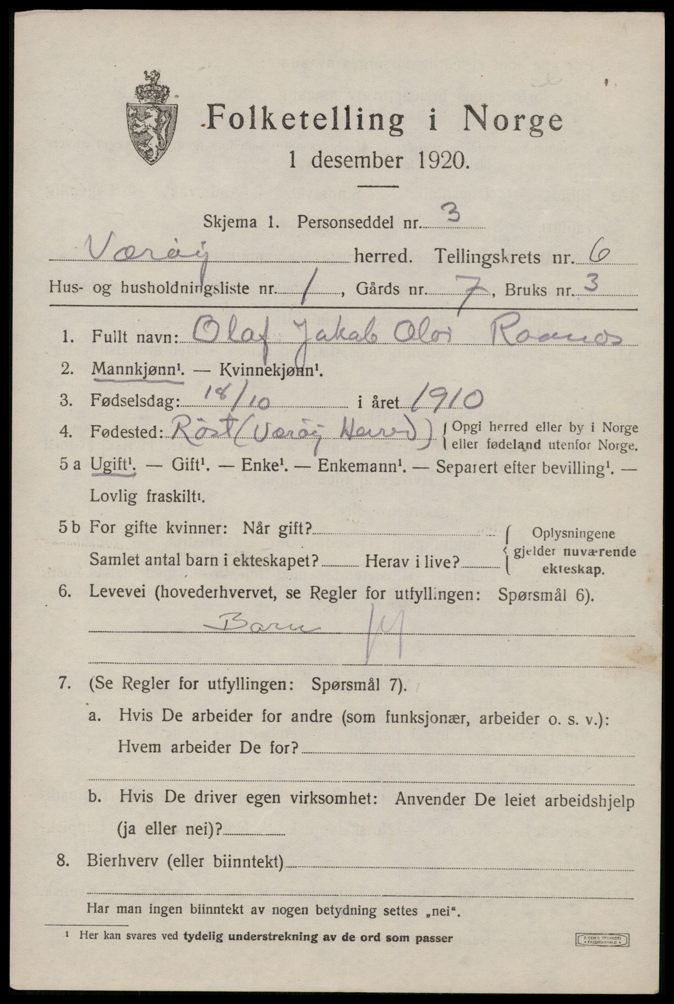 SAT, 1920 census for Værøy, 1920, p. 3649