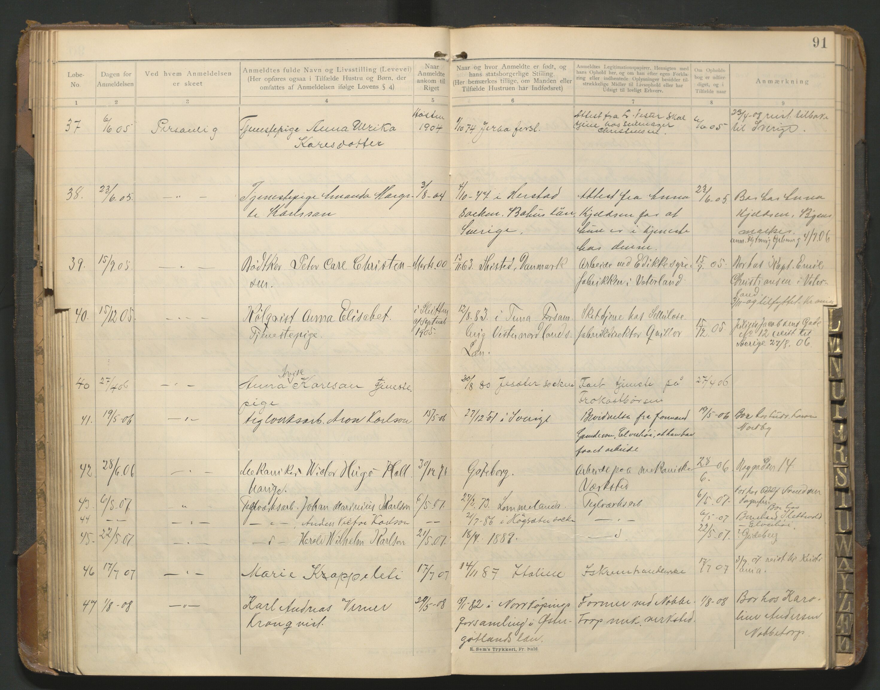 Fredrikstad politikammer, AV/SAO-A-10055/H/Hb/Hba/L0001: Protokoll over fremmede statsborgere, 1901-1916, p. 90b-91a