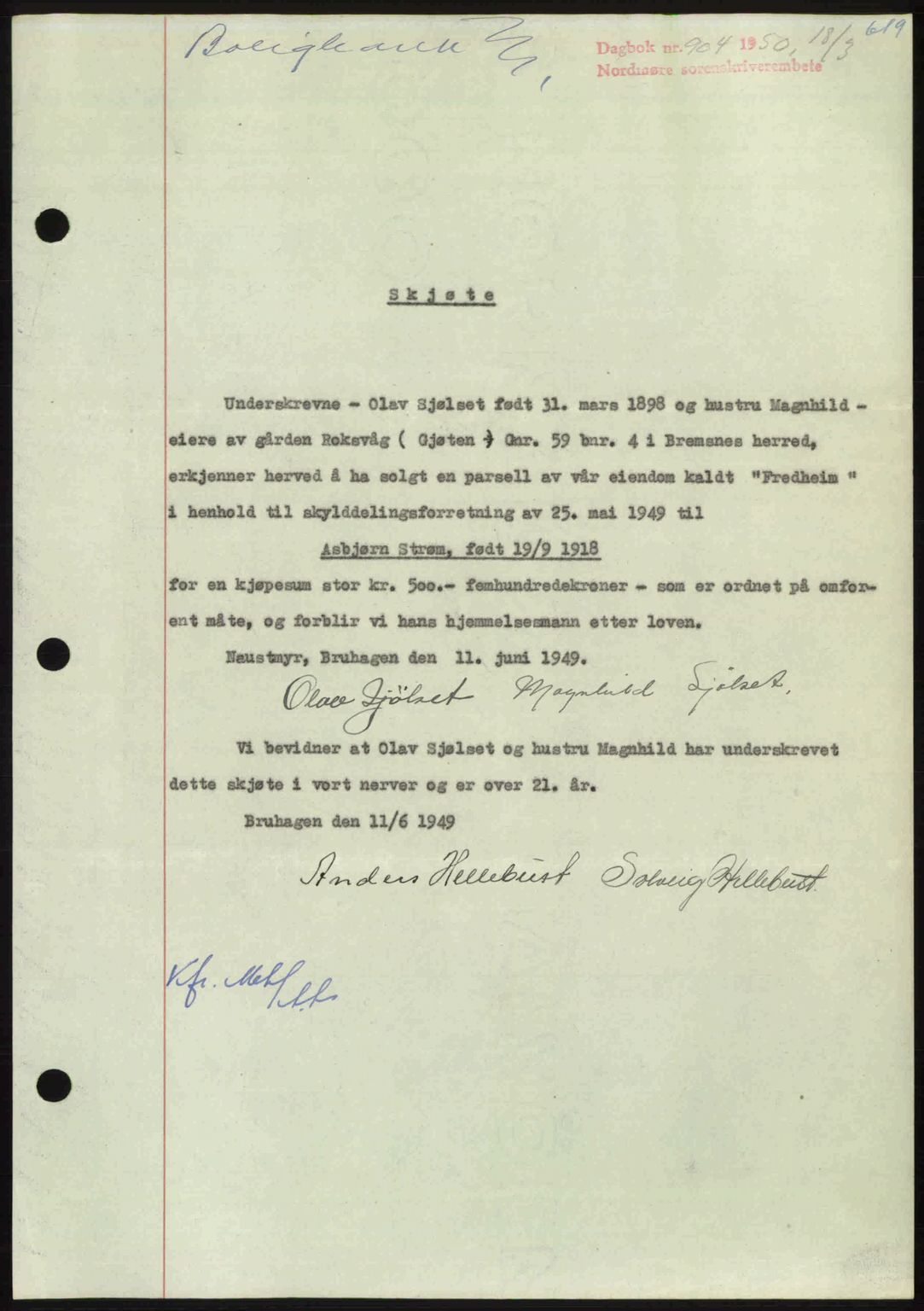 Nordmøre sorenskriveri, AV/SAT-A-4132/1/2/2Ca: Mortgage book no. A114, 1950-1950, Diary no: : 904/1950