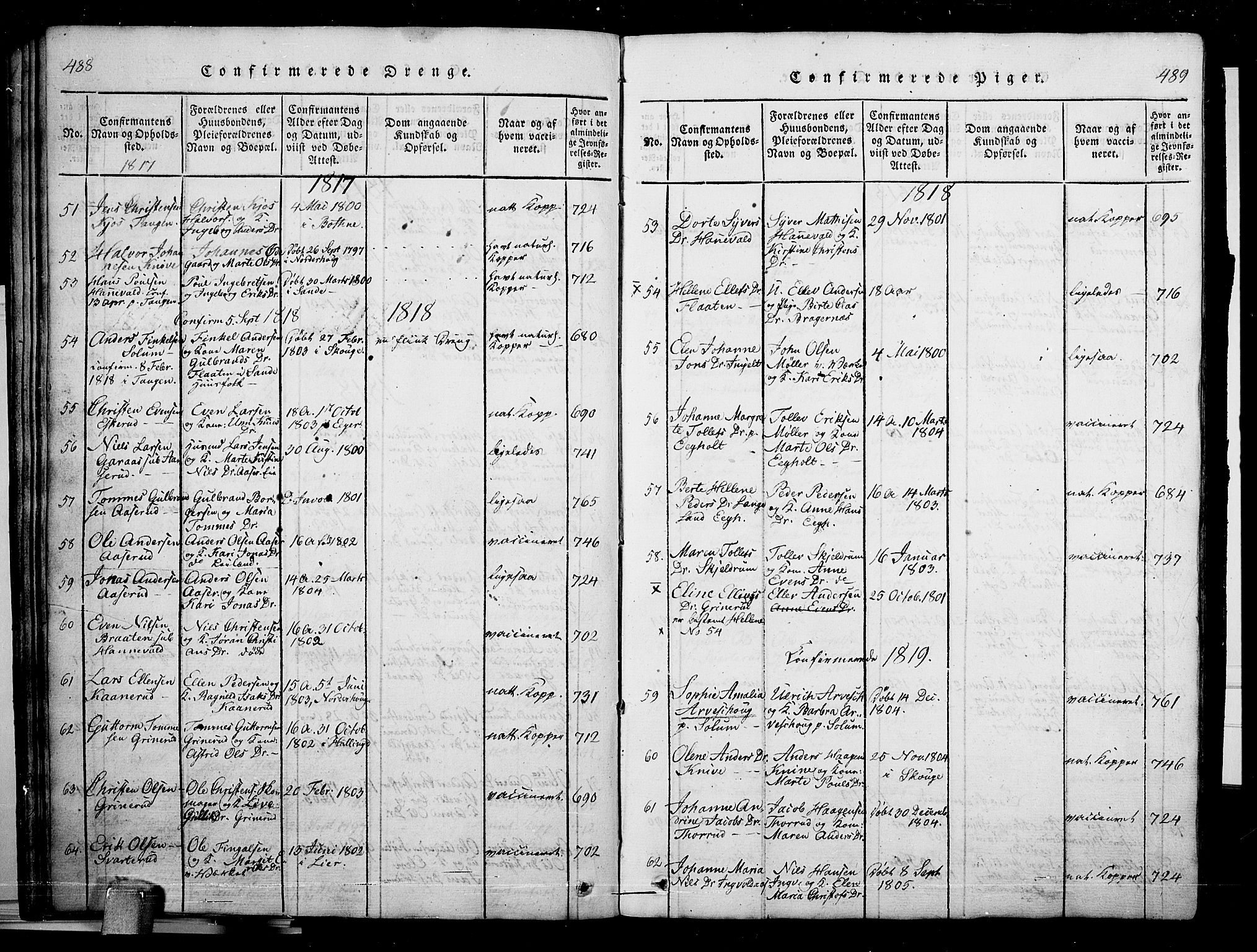 Skoger kirkebøker, AV/SAKO-A-59/G/Ga/L0001: Parish register (copy) no. I 1, 1814-1845, p. 488-489