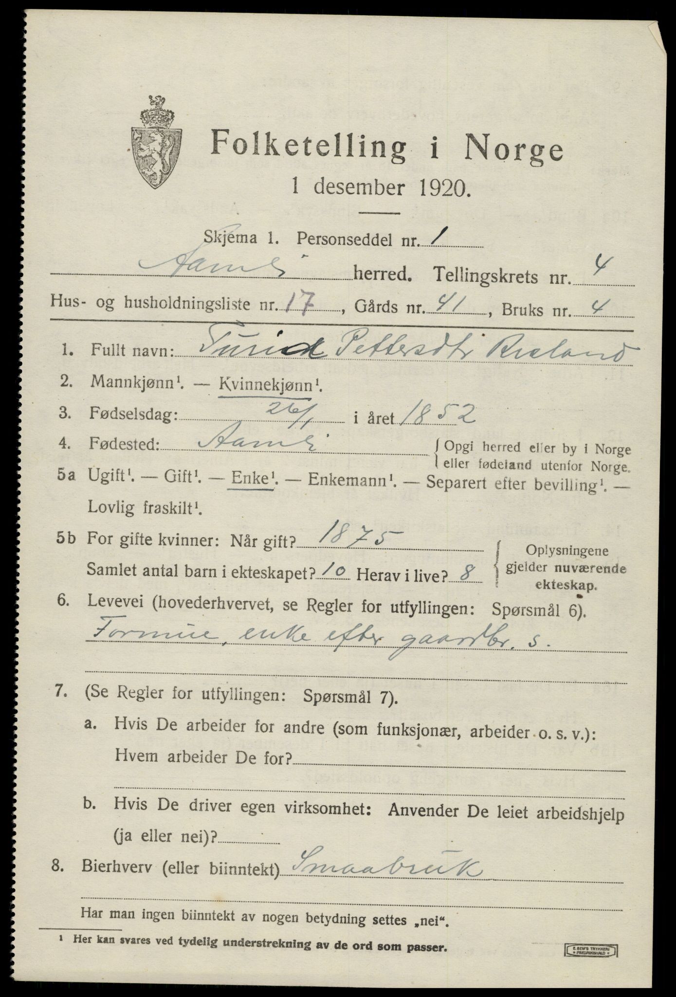 SAK, 1920 census for Åmli, 1920, p. 2071