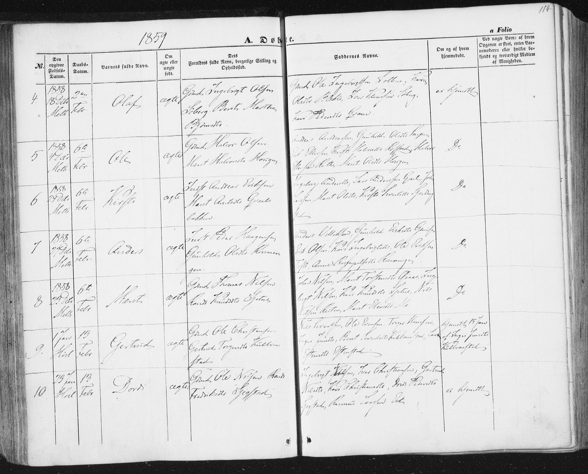 Ministerialprotokoller, klokkerbøker og fødselsregistre - Sør-Trøndelag, SAT/A-1456/691/L1076: Parish register (official) no. 691A08, 1852-1861, p. 114