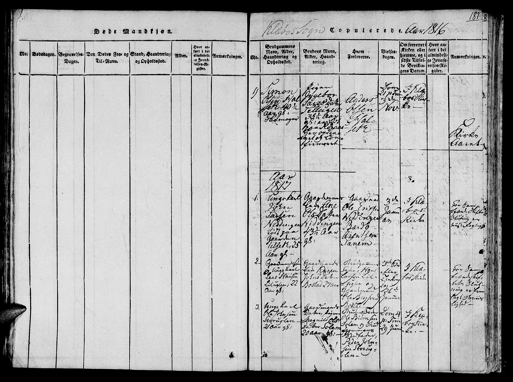 Ministerialprotokoller, klokkerbøker og fødselsregistre - Sør-Trøndelag, AV/SAT-A-1456/618/L0439: Parish register (official) no. 618A04 /1, 1816-1843, p. 187