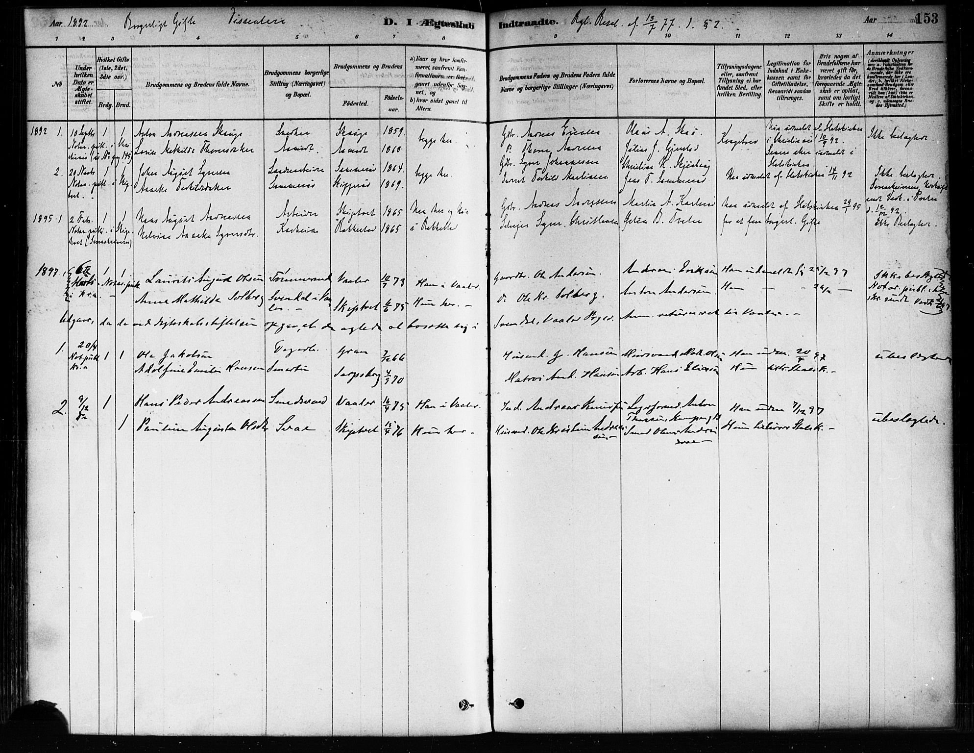 Skiptvet prestekontor Kirkebøker, SAO/A-20009/F/Fa/L0009: Parish register (official) no. 9, 1878-1900, p. 153