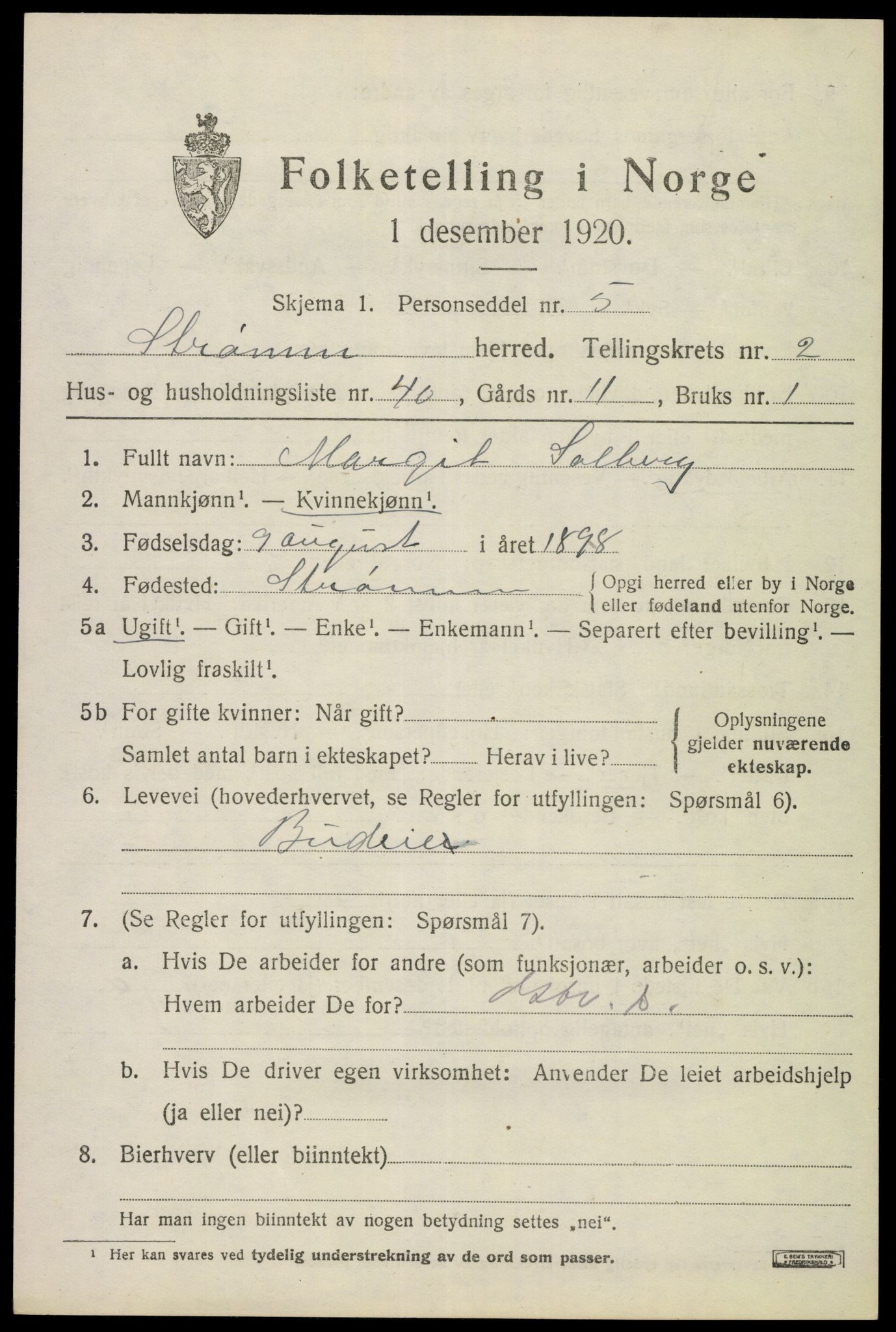 SAKO, 1920 census for Strømm, 1920, p. 2011