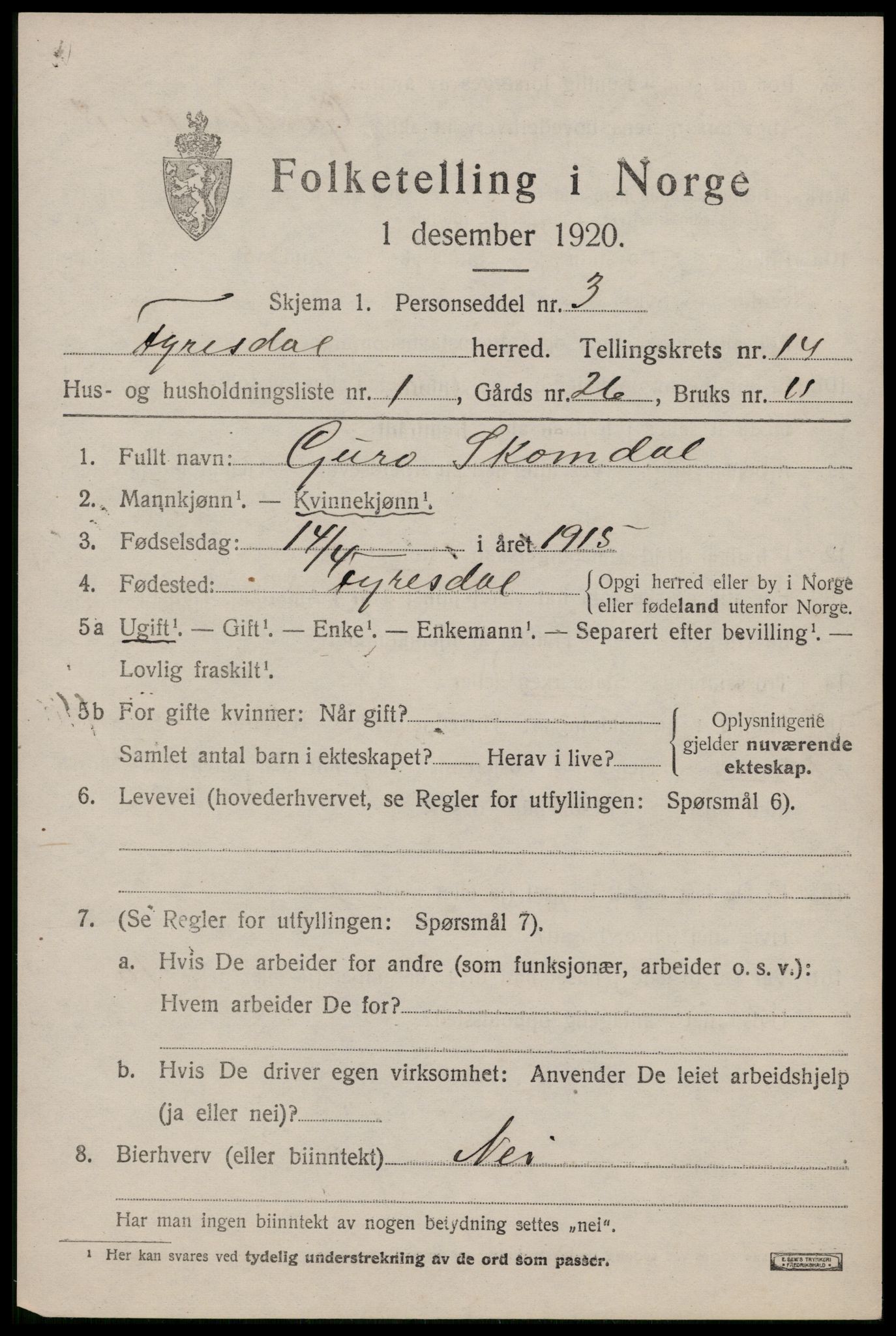 SAKO, 1920 census for Fyresdal, 1920, p. 4375