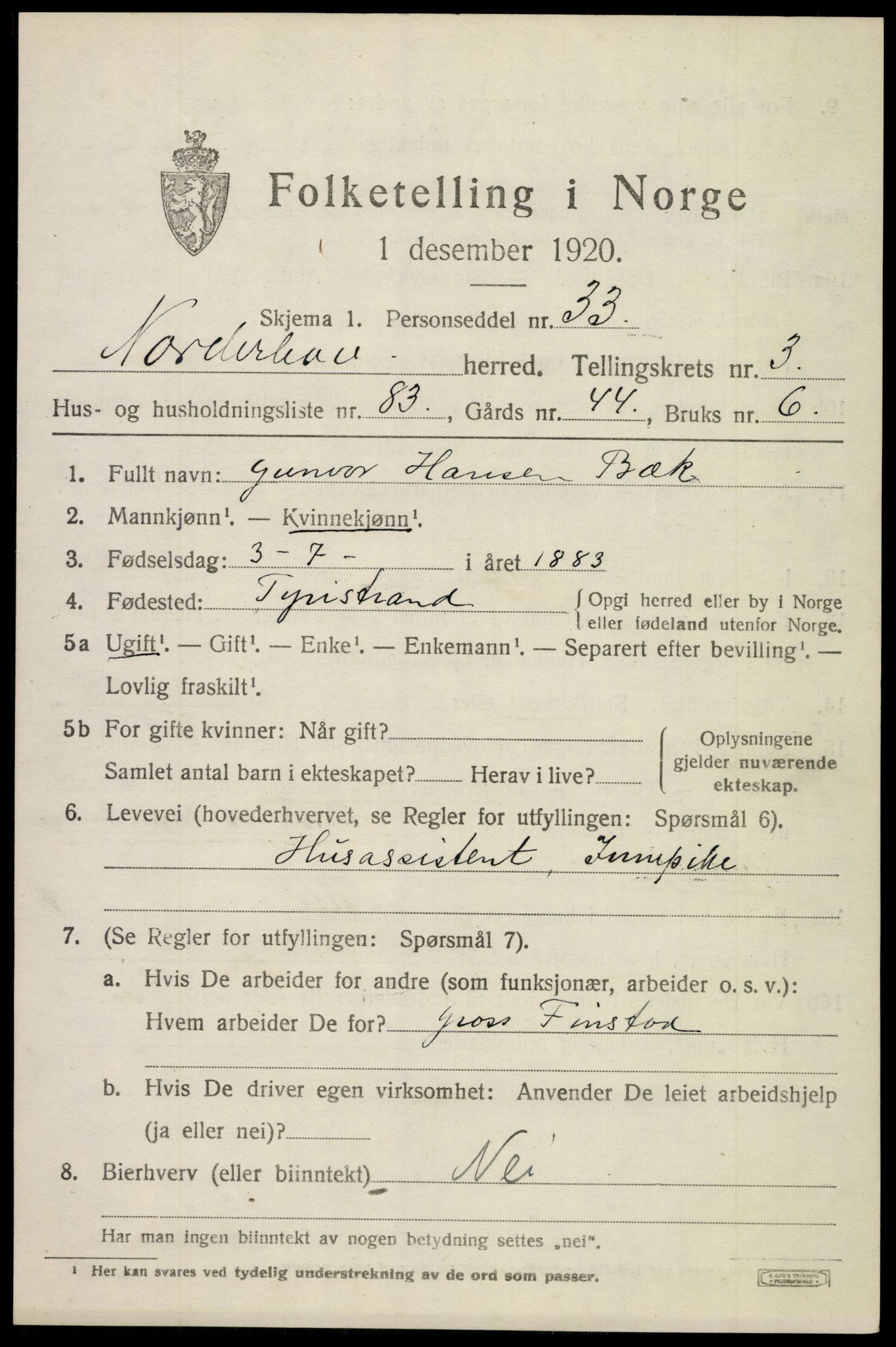 SAKO, 1920 census for Norderhov, 1920, p. 6197