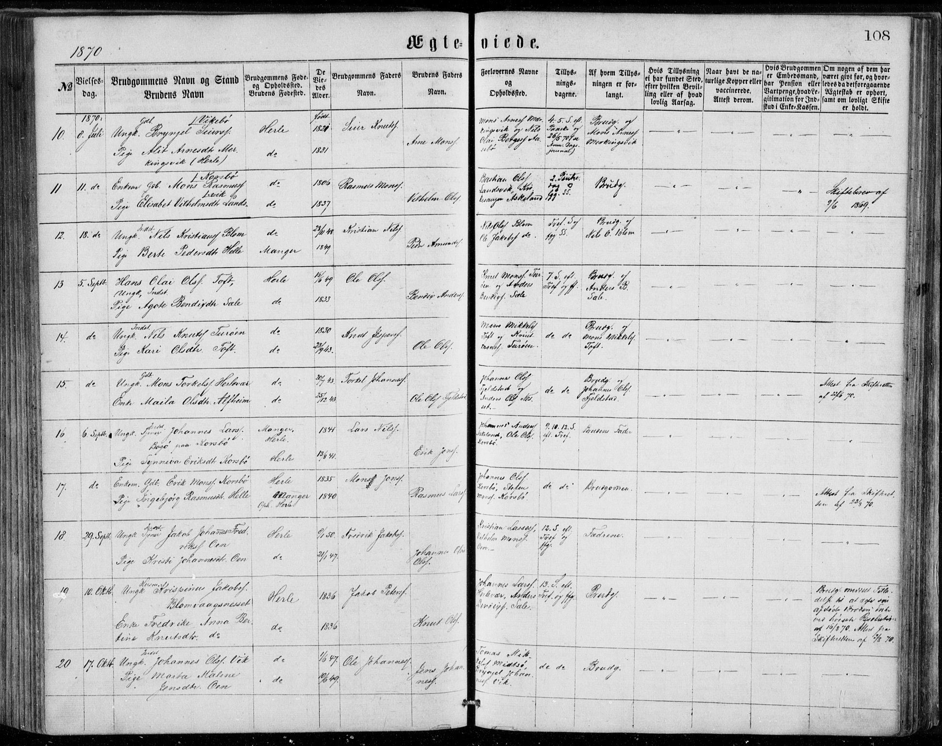 Herdla Sokneprestembete, AV/SAB-A-75701/H/Haa: Parish register (official) no. A 2, 1869-1877, p. 108