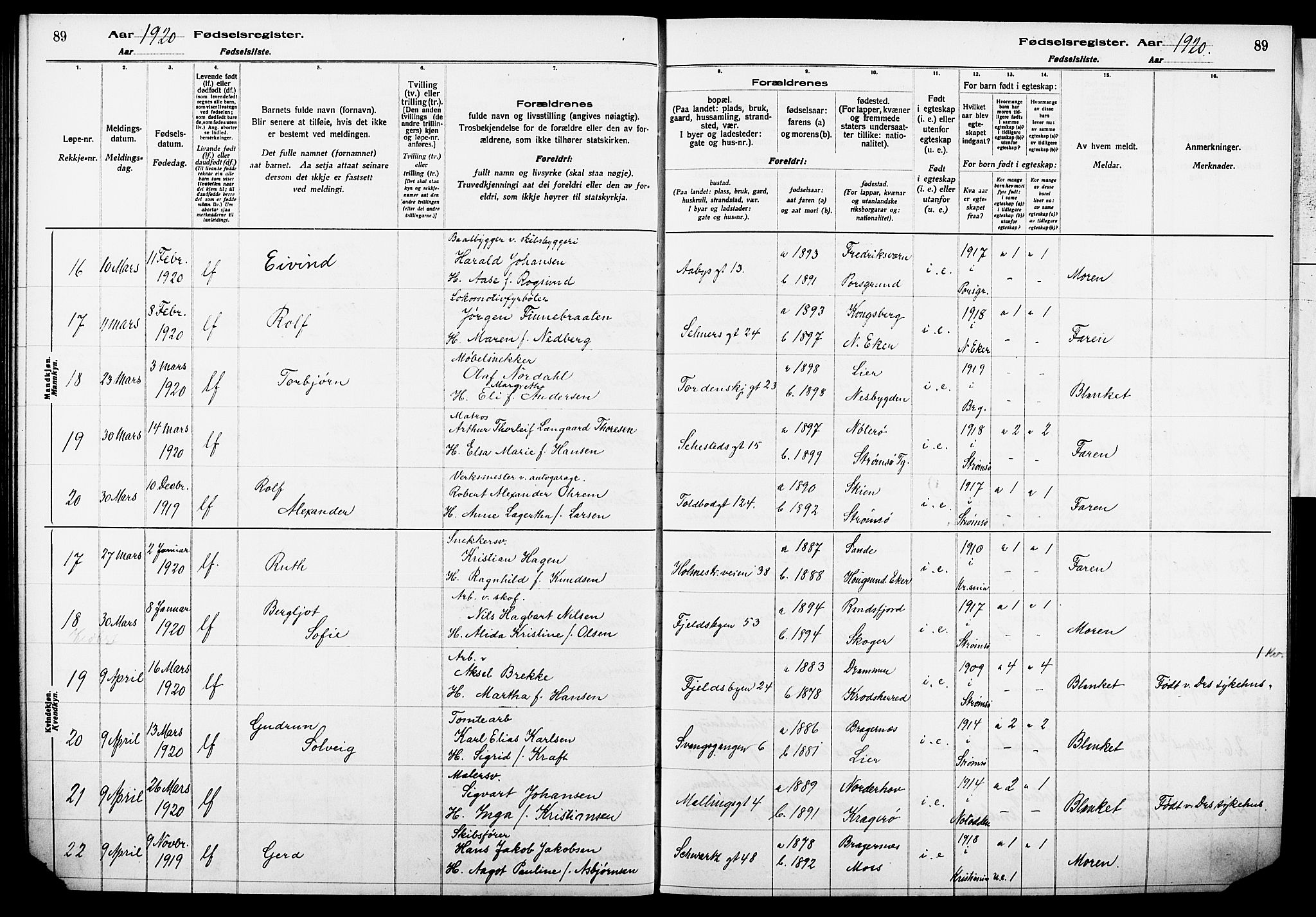 Strømsø kirkebøker, AV/SAKO-A-246/J/Ja/L0001: Birth register no. I 1, 1916-1925, p. 89