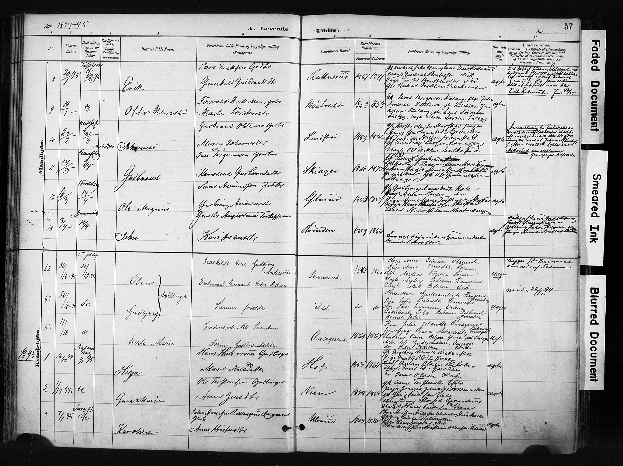 Gran prestekontor, AV/SAH-PREST-112/H/Ha/Haa/L0017: Parish register (official) no. 17, 1889-1897, p. 57
