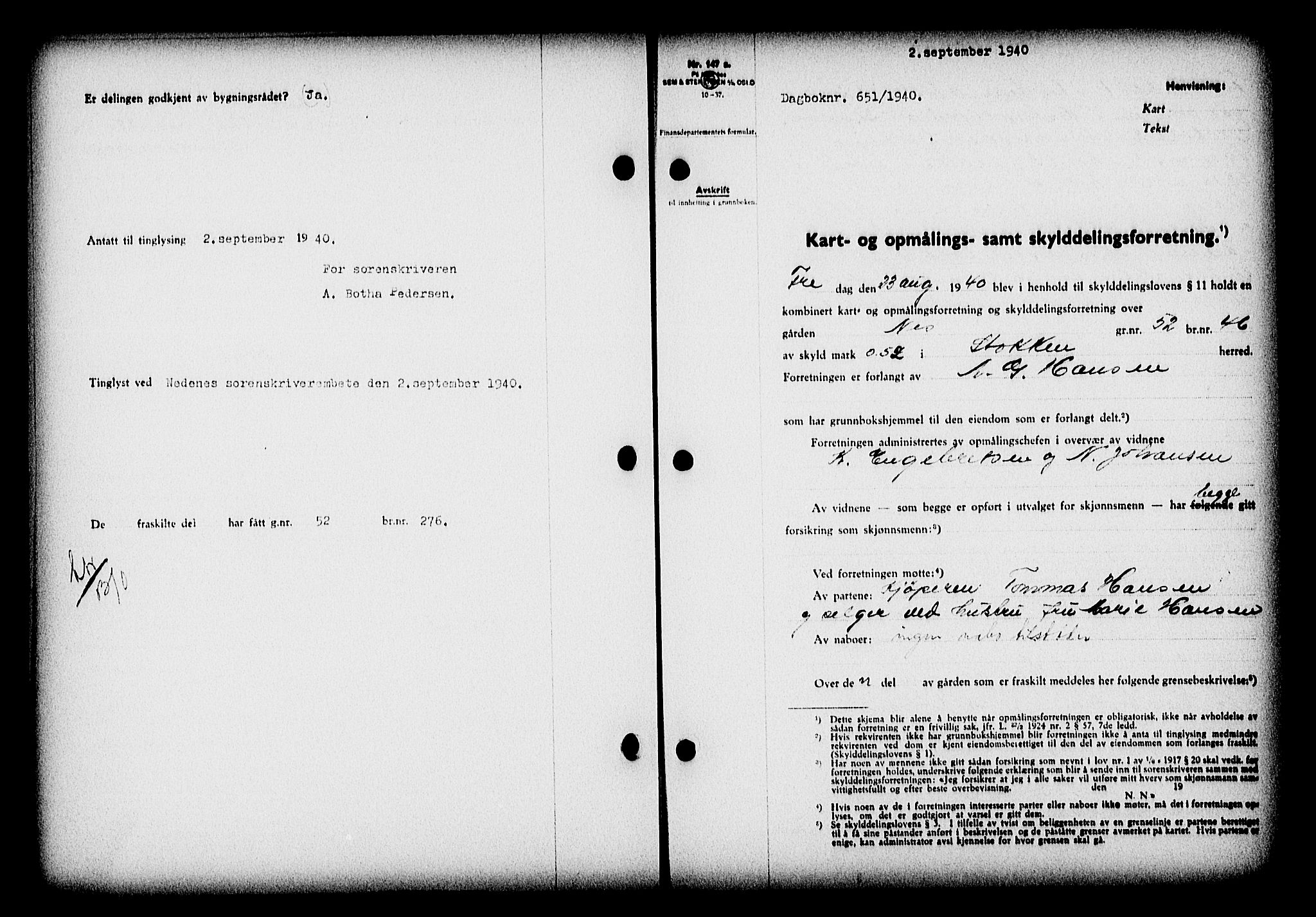 Nedenes sorenskriveri, SAK/1221-0006/G/Gb/Gba/L0047: Mortgage book no. A-I, 1939-1940, Diary no: : 651/1940