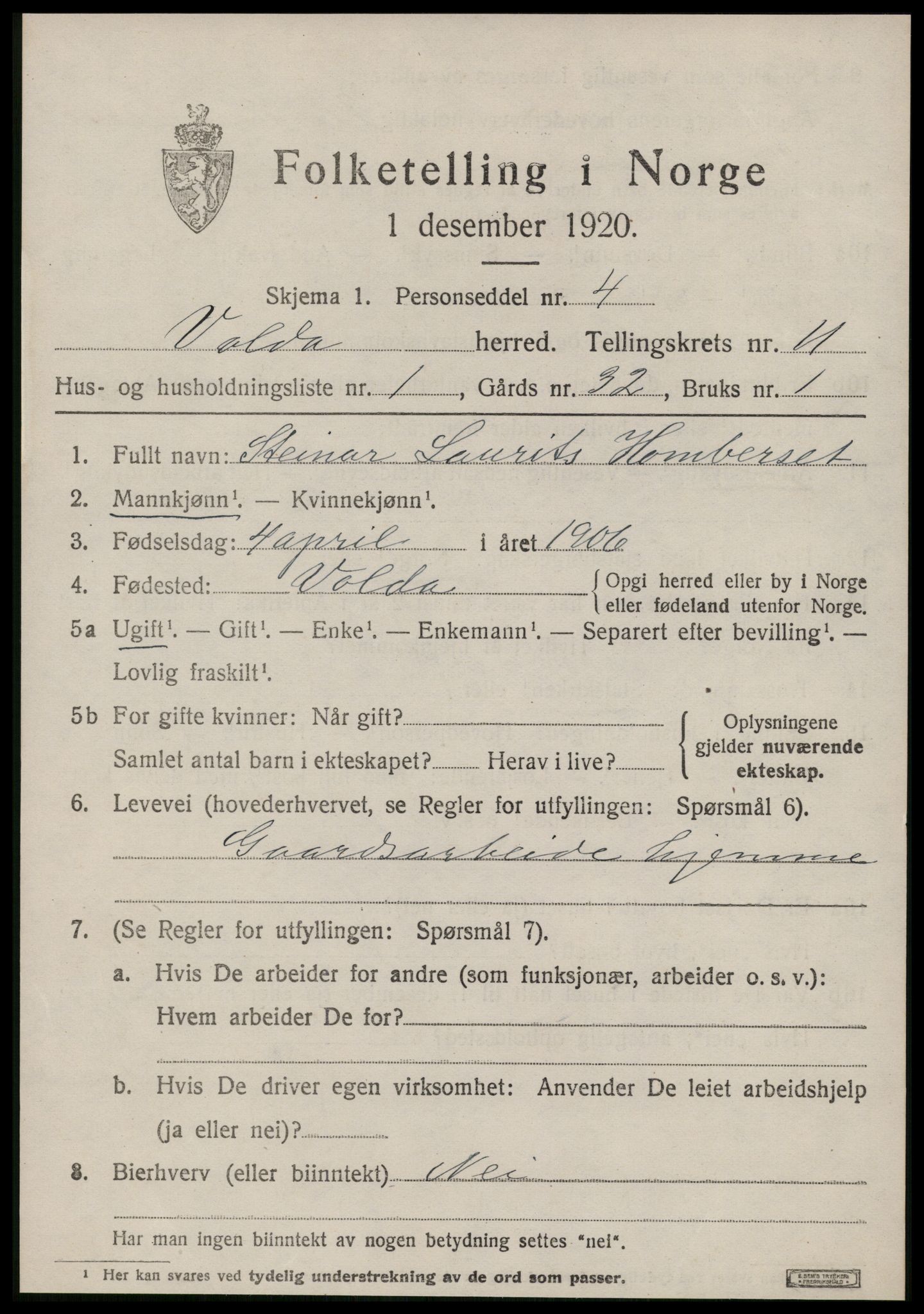 SAT, 1920 census for Volda, 1920, p. 7926