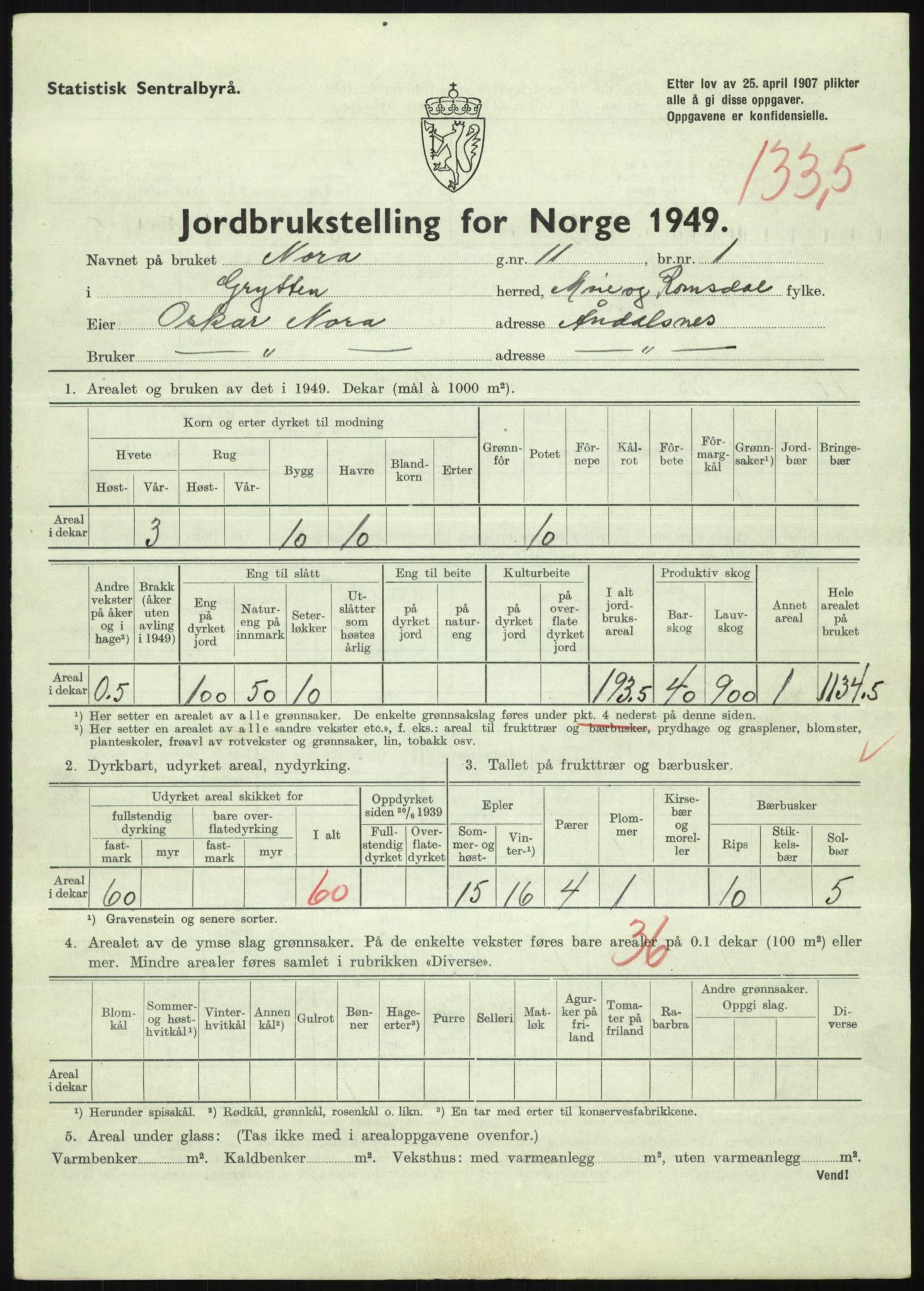 Statistisk sentralbyrå, Næringsøkonomiske emner, Jordbruk, skogbruk, jakt, fiske og fangst, AV/RA-S-2234/G/Gc/L0323: Møre og Romsdal: Grytten og Hen, 1949, p. 363