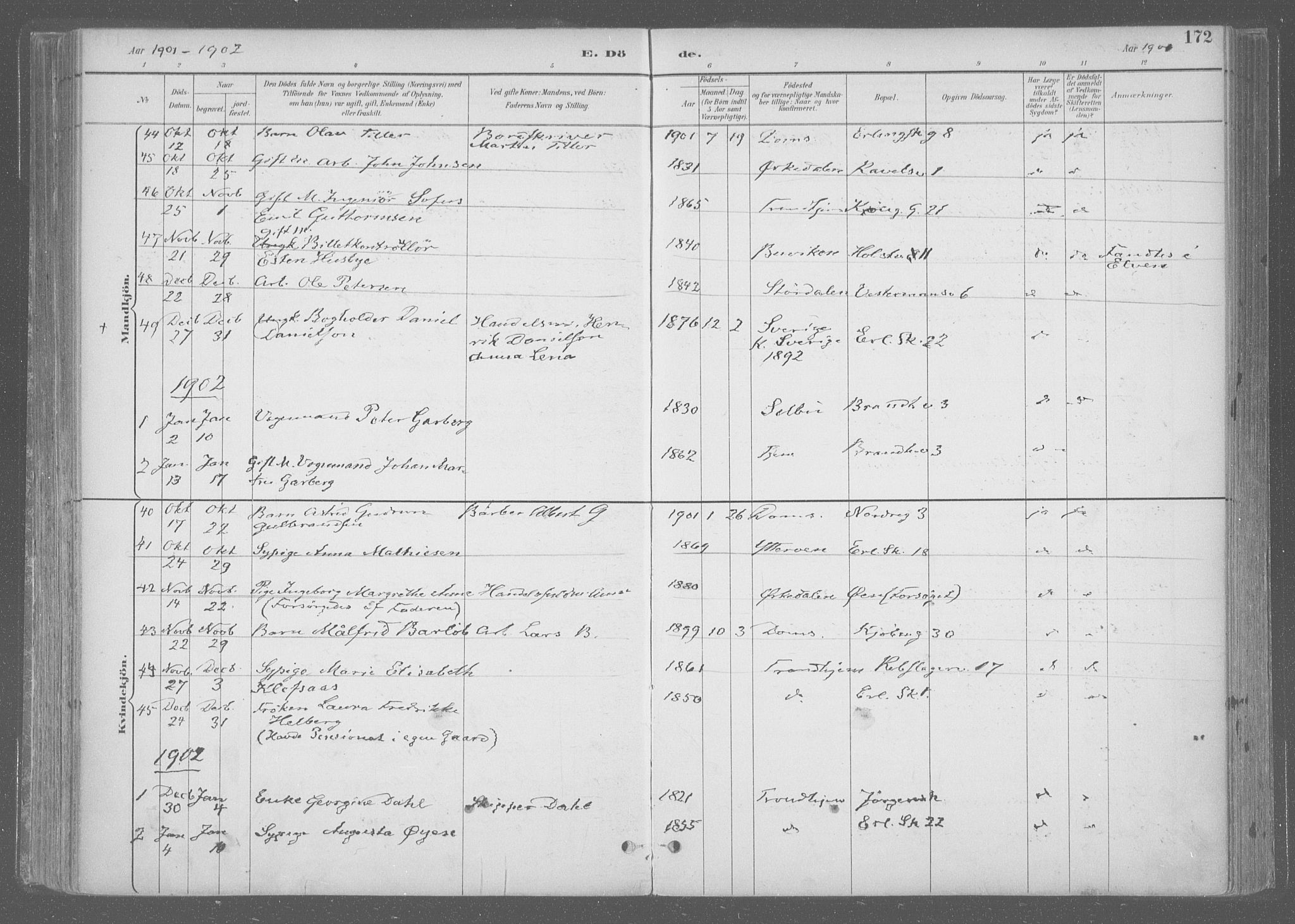 Ministerialprotokoller, klokkerbøker og fødselsregistre - Sør-Trøndelag, SAT/A-1456/601/L0064: Parish register (official) no. 601A31, 1891-1911, p. 172