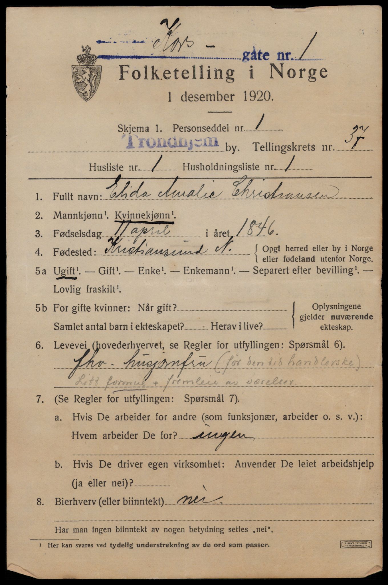 SAT, 1920 census for Trondheim, 1920, p. 84530