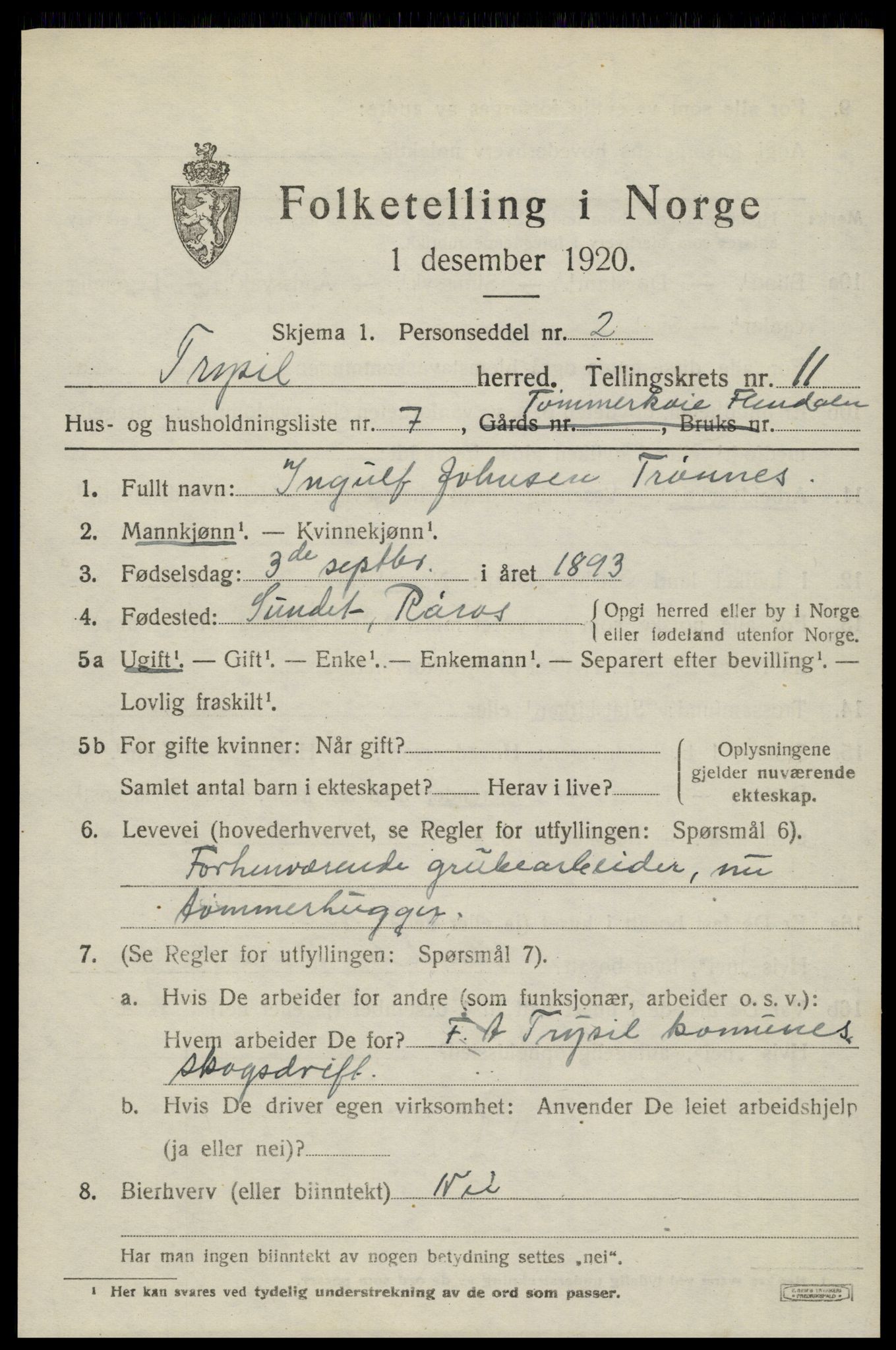 SAH, 1920 census for Trysil, 1920, p. 7037