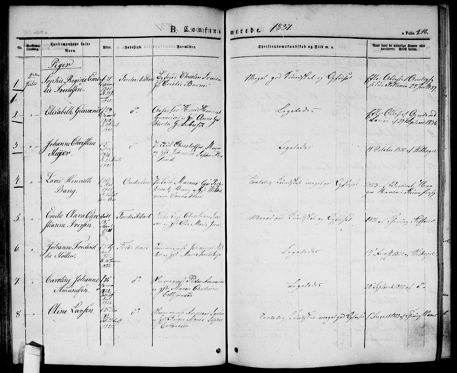 Halden prestekontor Kirkebøker, SAO/A-10909/G/Ga/L0003: Parish register (copy) no. 3, 1834-1844, p. 218