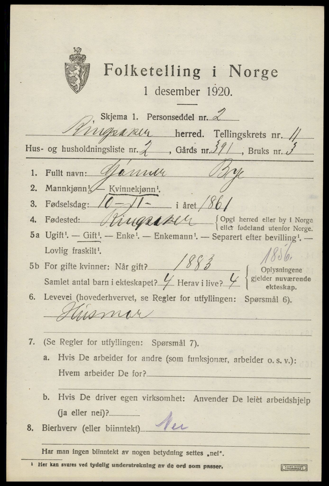 SAH, 1920 census for Ringsaker, 1920, p. 18332