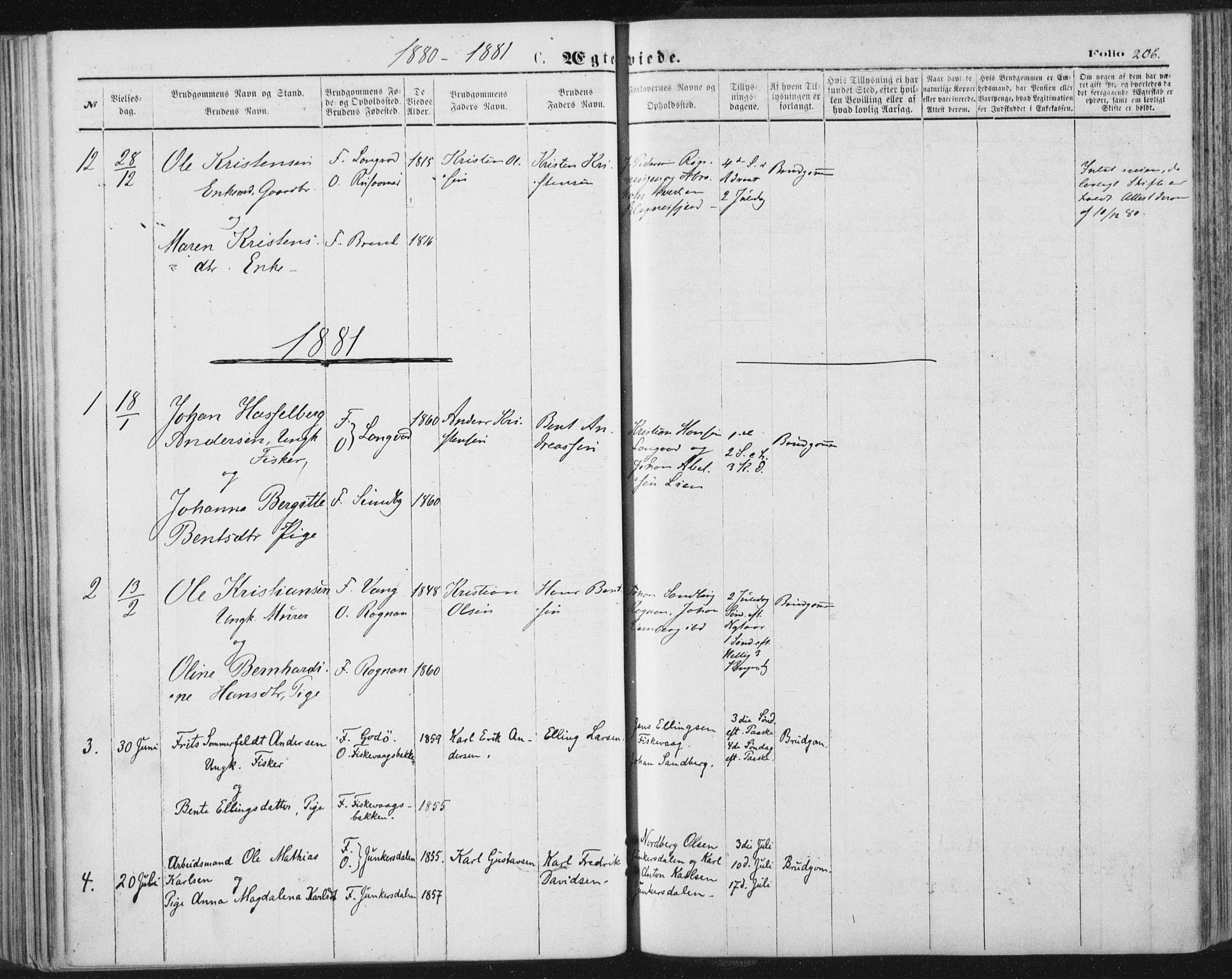 Ministerialprotokoller, klokkerbøker og fødselsregistre - Nordland, SAT/A-1459/847/L0668: Parish register (official) no. 847A08, 1872-1886, p. 206
