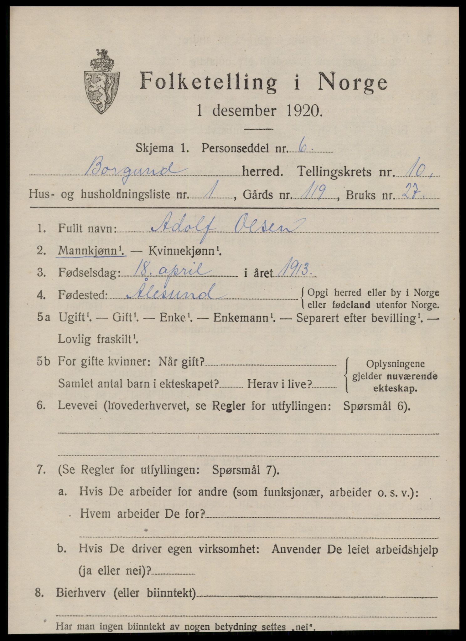 SAT, 1920 census for Borgund, 1920, p. 9122