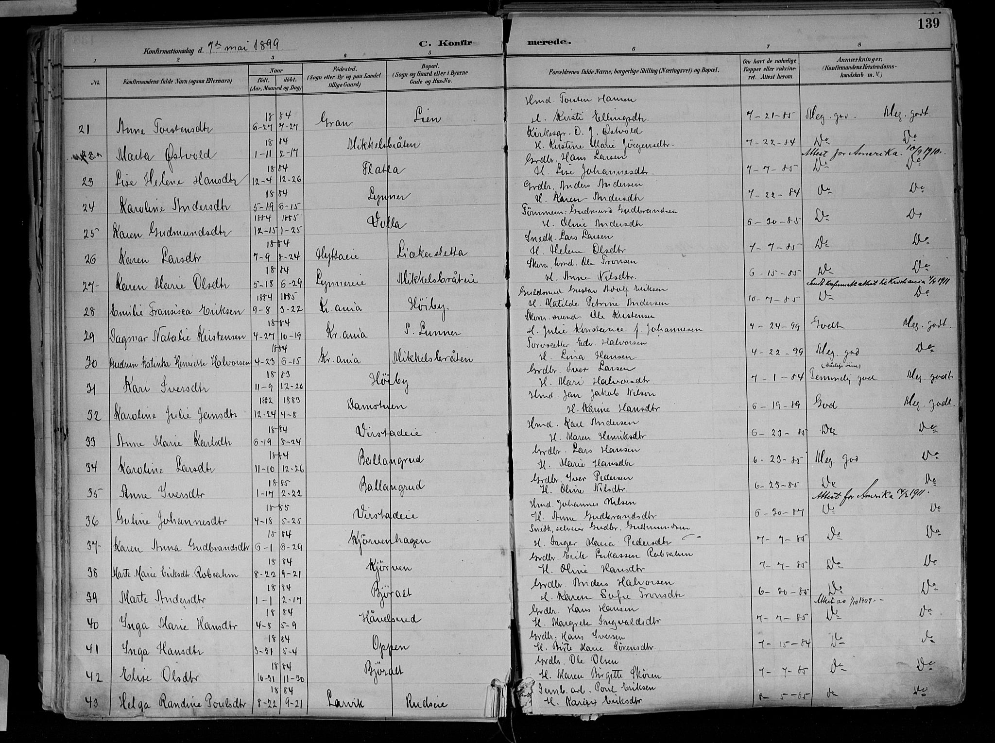 Jevnaker prestekontor, SAH/PREST-116/H/Ha/Haa/L0010: Parish register (official) no. 10, 1891-1906, p. 139