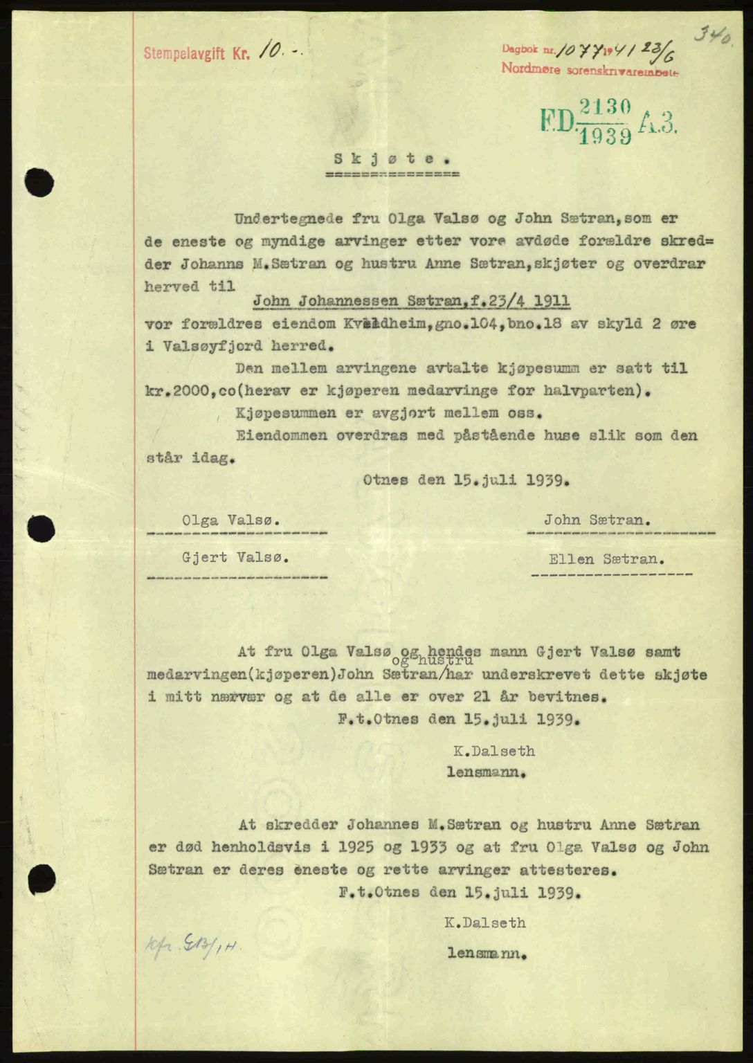 Nordmøre sorenskriveri, SAT/A-4132/1/2/2Ca: Mortgage book no. A90, 1941-1941, Diary no: : 1077/1941