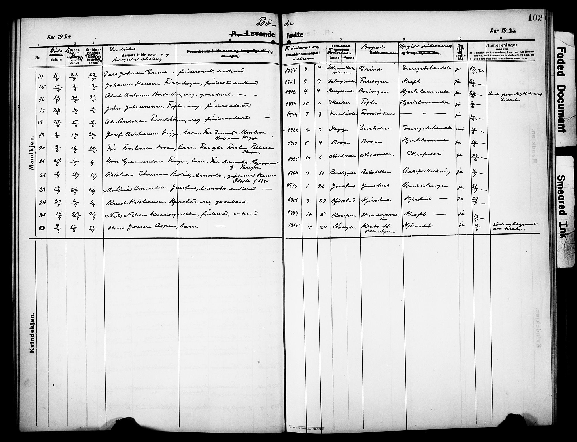 Sør-Fron prestekontor, AV/SAH-PREST-010/H/Ha/Hab/L0005: Parish register (copy) no. 5, 1912-1930, p. 102