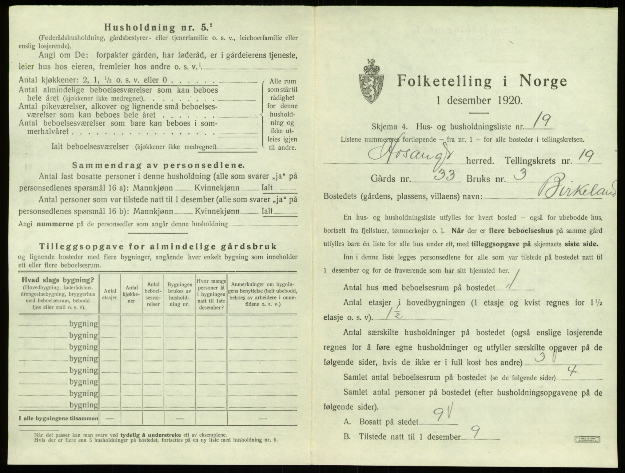 SAB, 1920 census for Hosanger, 1920, p. 525