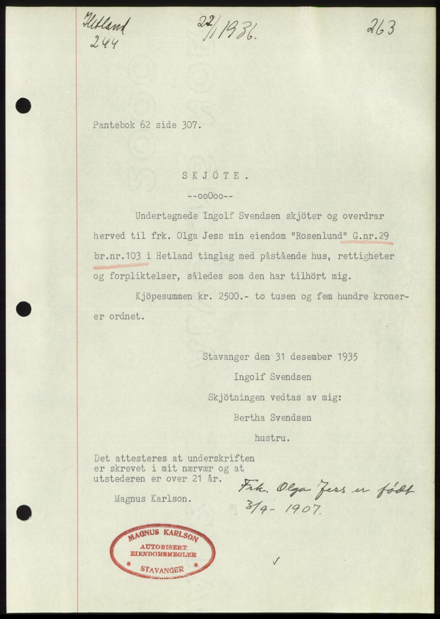 Jæren sorenskriveri, SAST/A-100310/03/G/Gba/L0064: Mortgage book no. 70, 1935-1936, Deed date: 22.01.1936