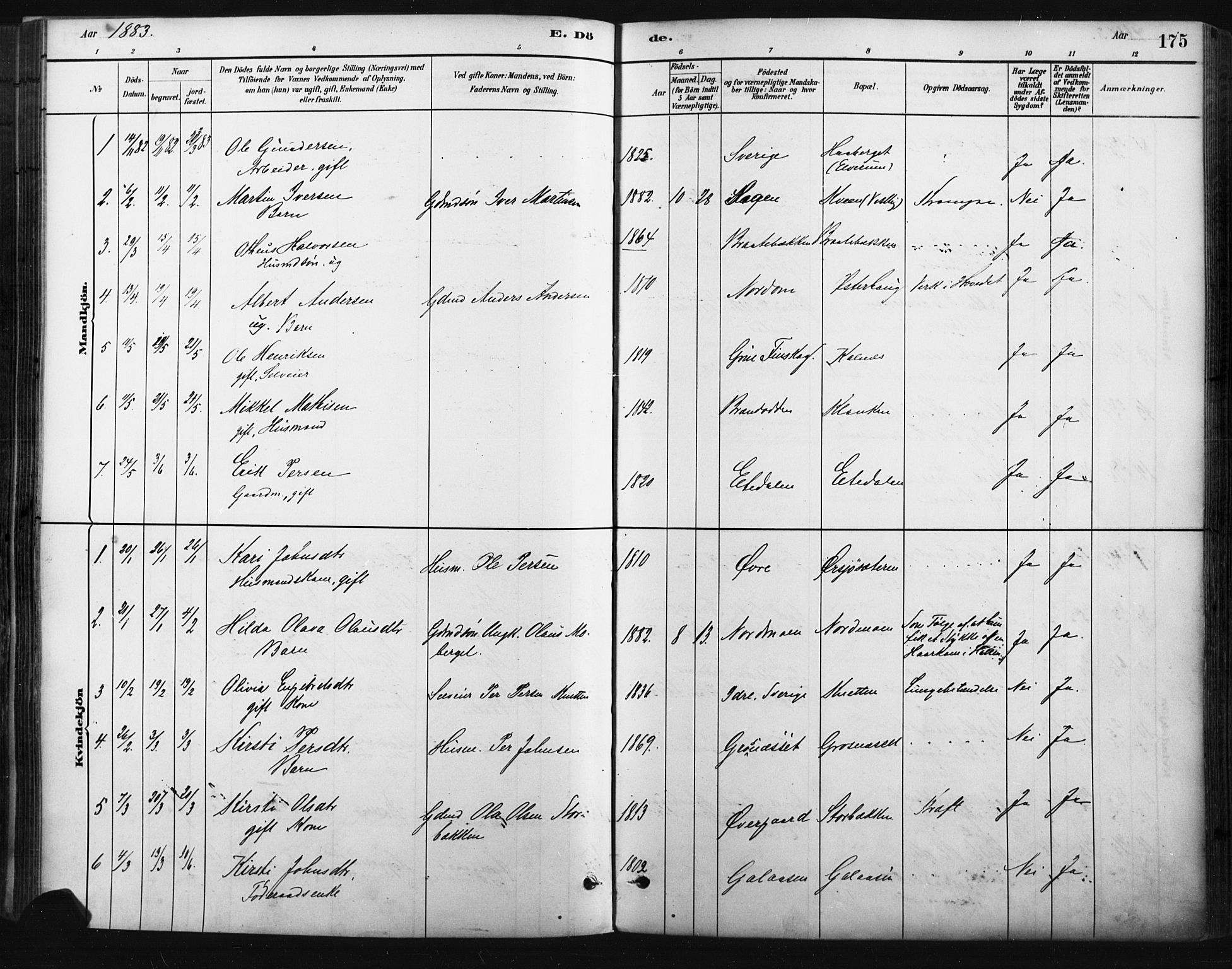 Trysil prestekontor, SAH/PREST-046/H/Ha/Haa/L0009: Parish register (official) no. 9, 1881-1897, p. 175