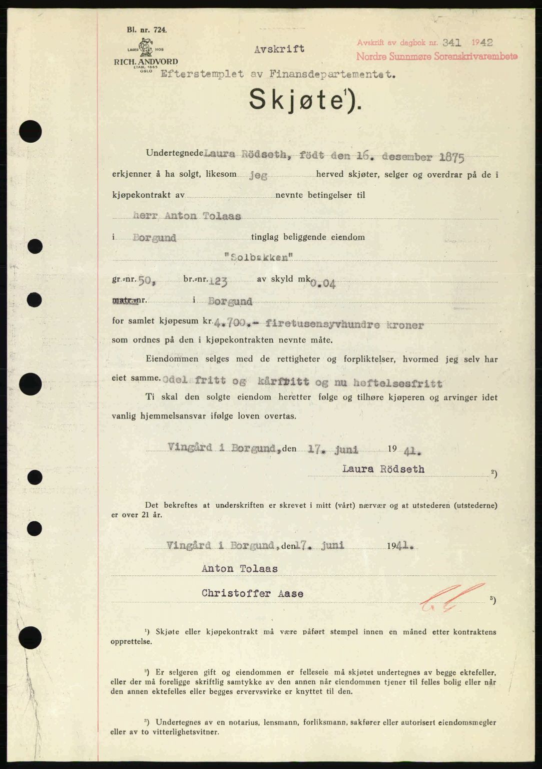 Nordre Sunnmøre sorenskriveri, AV/SAT-A-0006/1/2/2C/2Ca: Mortgage book no. A13, 1942-1942, Diary no: : 341/1942