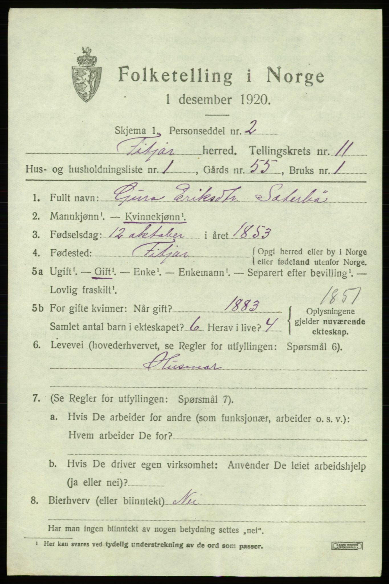 SAB, 1920 census for Fitjar, 1920, p. 4310