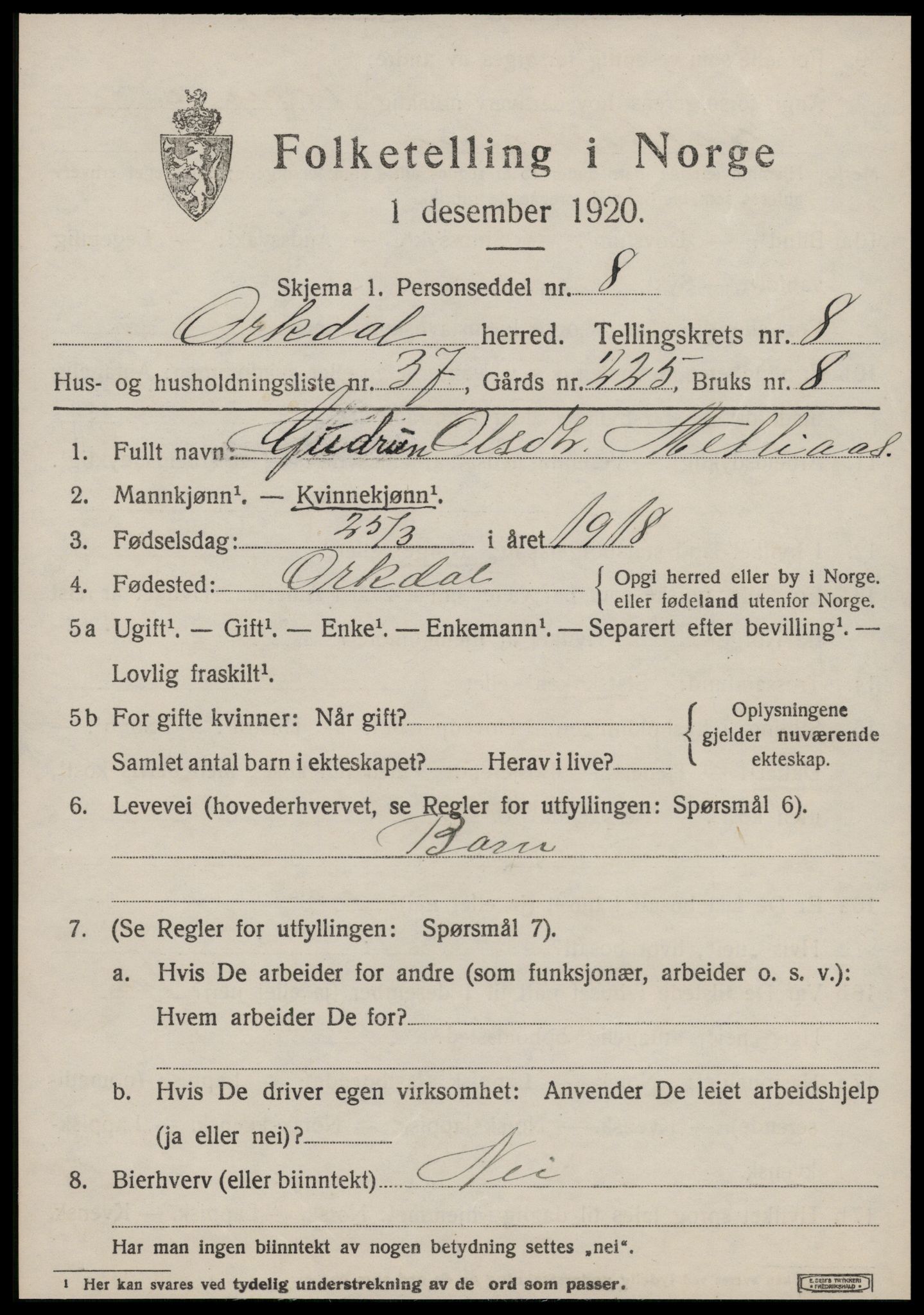 SAT, 1920 census for Orkdal, 1920, p. 6872