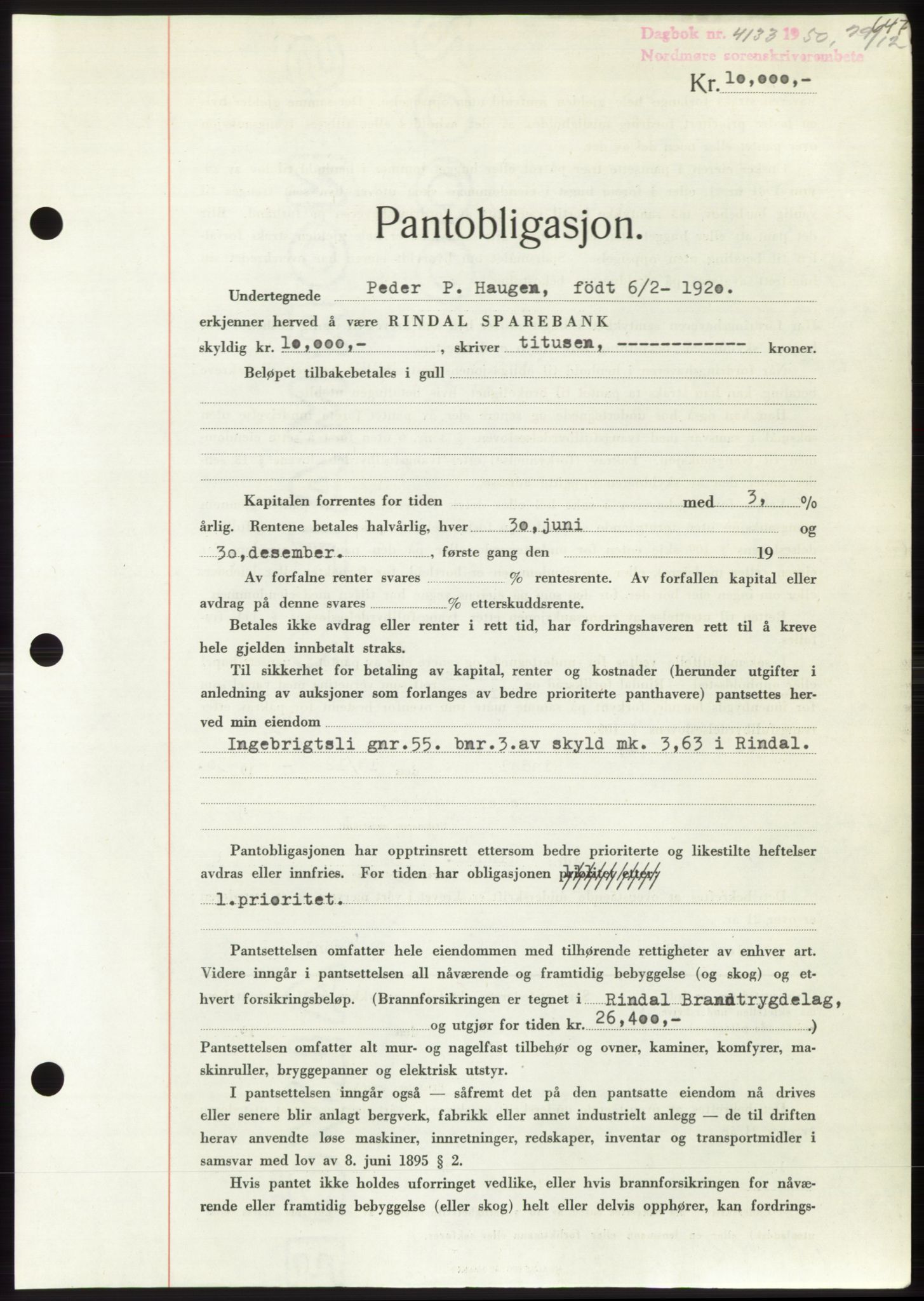 Nordmøre sorenskriveri, AV/SAT-A-4132/1/2/2Ca: Mortgage book no. B106, 1950-1950, Diary no: : 4133/1950