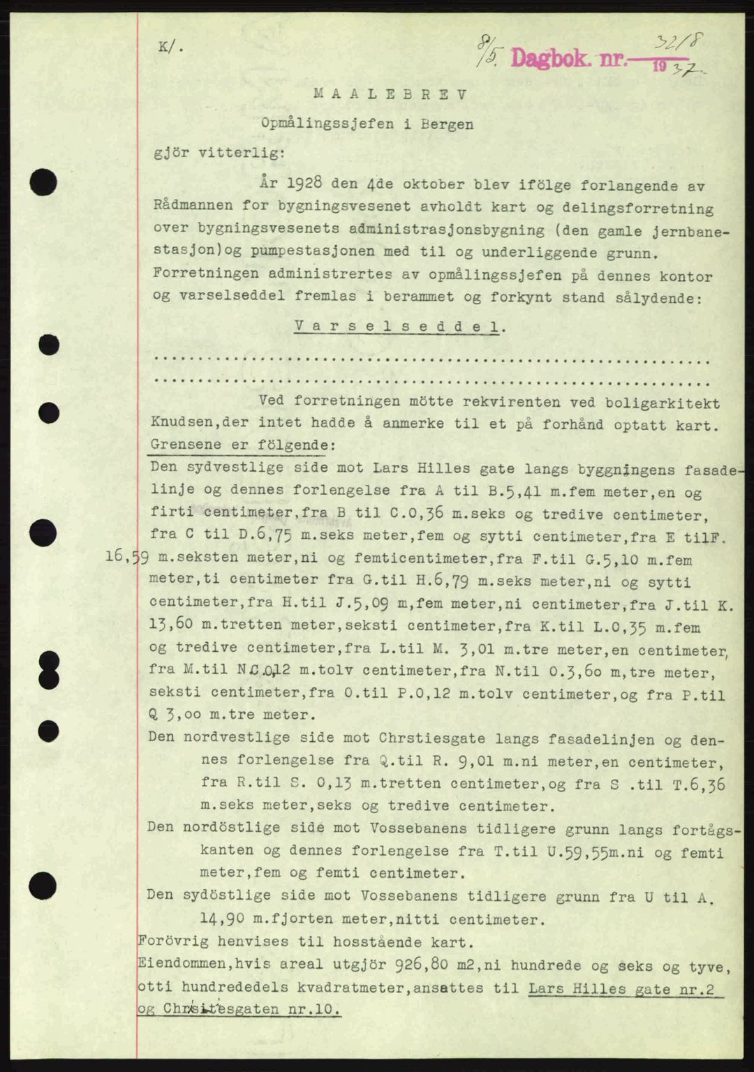 Byfogd og Byskriver i Bergen, SAB/A-3401/03/03Bc/L0004: Mortgage book no. A3-4, 1936-1937, Diary no: : 3218/1937