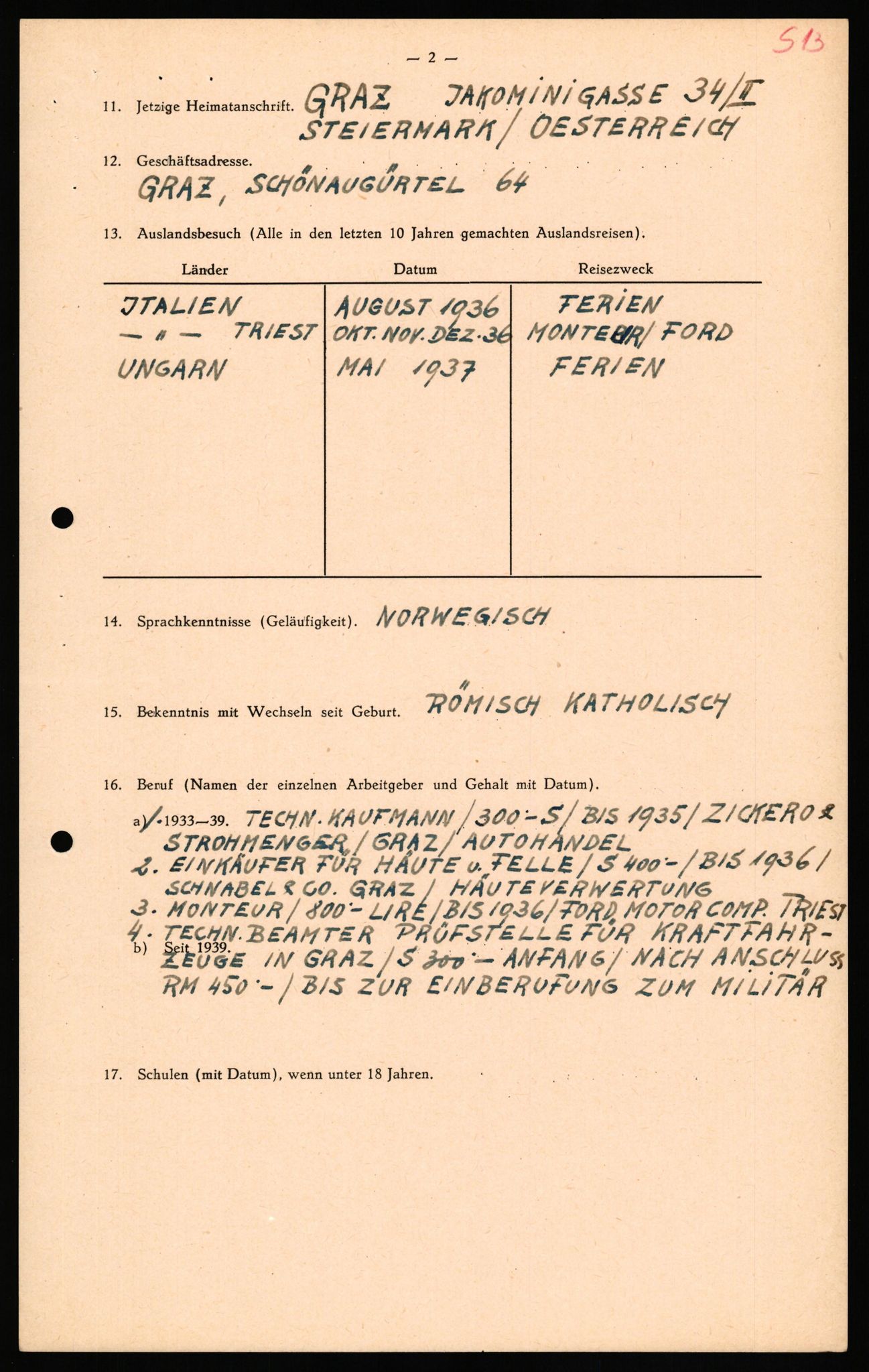 Forsvaret, Forsvarets overkommando II, AV/RA-RAFA-3915/D/Db/L0040: CI Questionaires. Tyske okkupasjonsstyrker i Norge. Østerrikere., 1945-1946, p. 244