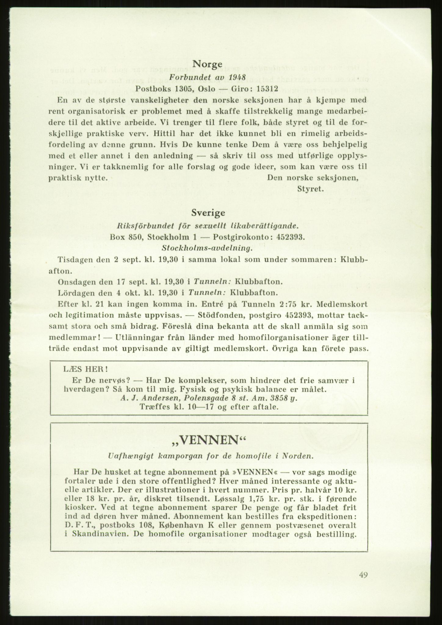 Det Norske Forbundet av 1948/Landsforeningen for Lesbisk og Homofil Frigjøring, AV/RA-PA-1216/E/Eb/L0001: Intern informasjon, 1952-1991, p. 13
